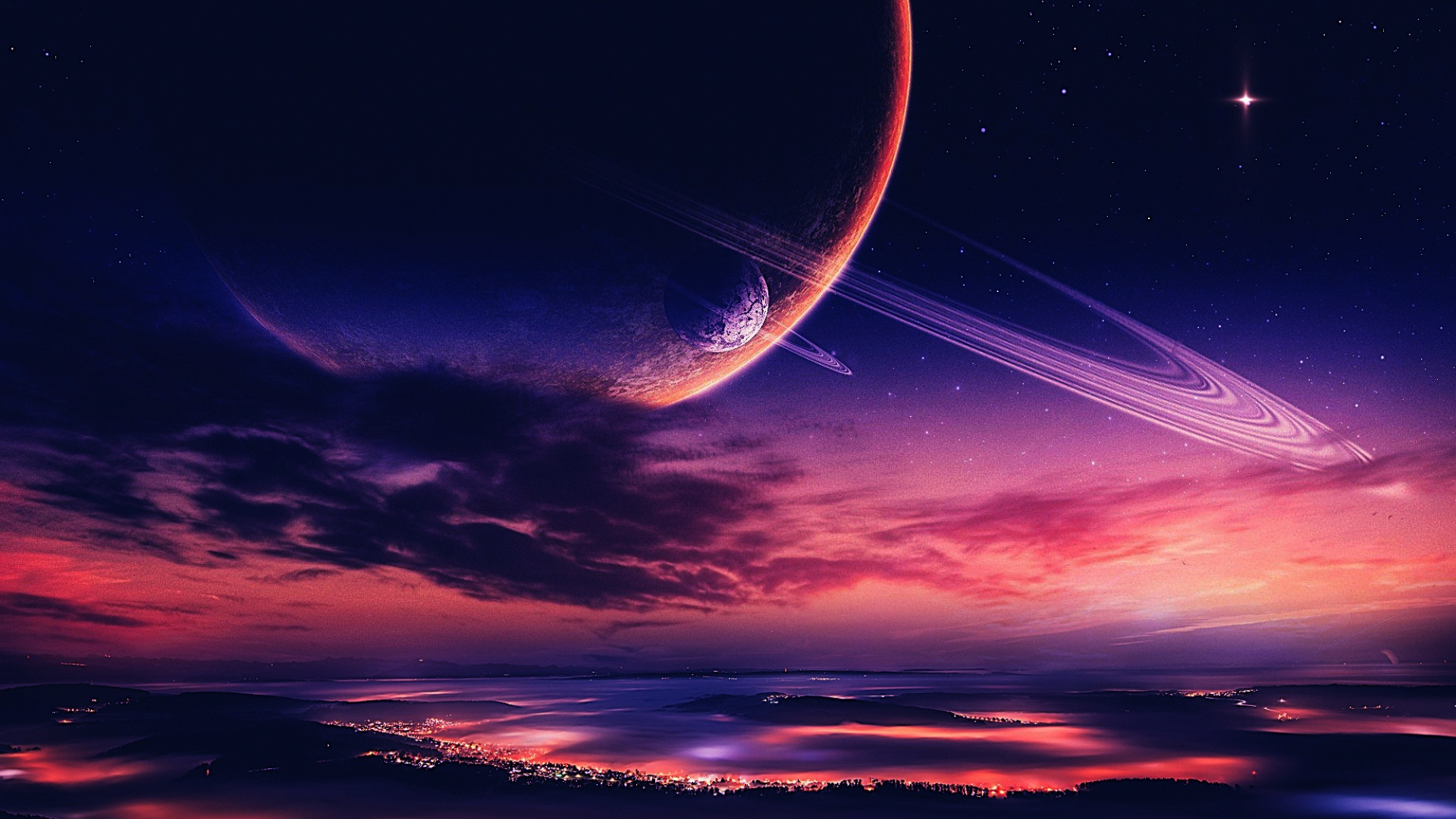 Download mobile wallpaper Landscape, Sky, Stars, Night, Moon, City, Space, Purple, Planet, Sci Fi, Cloud for free.