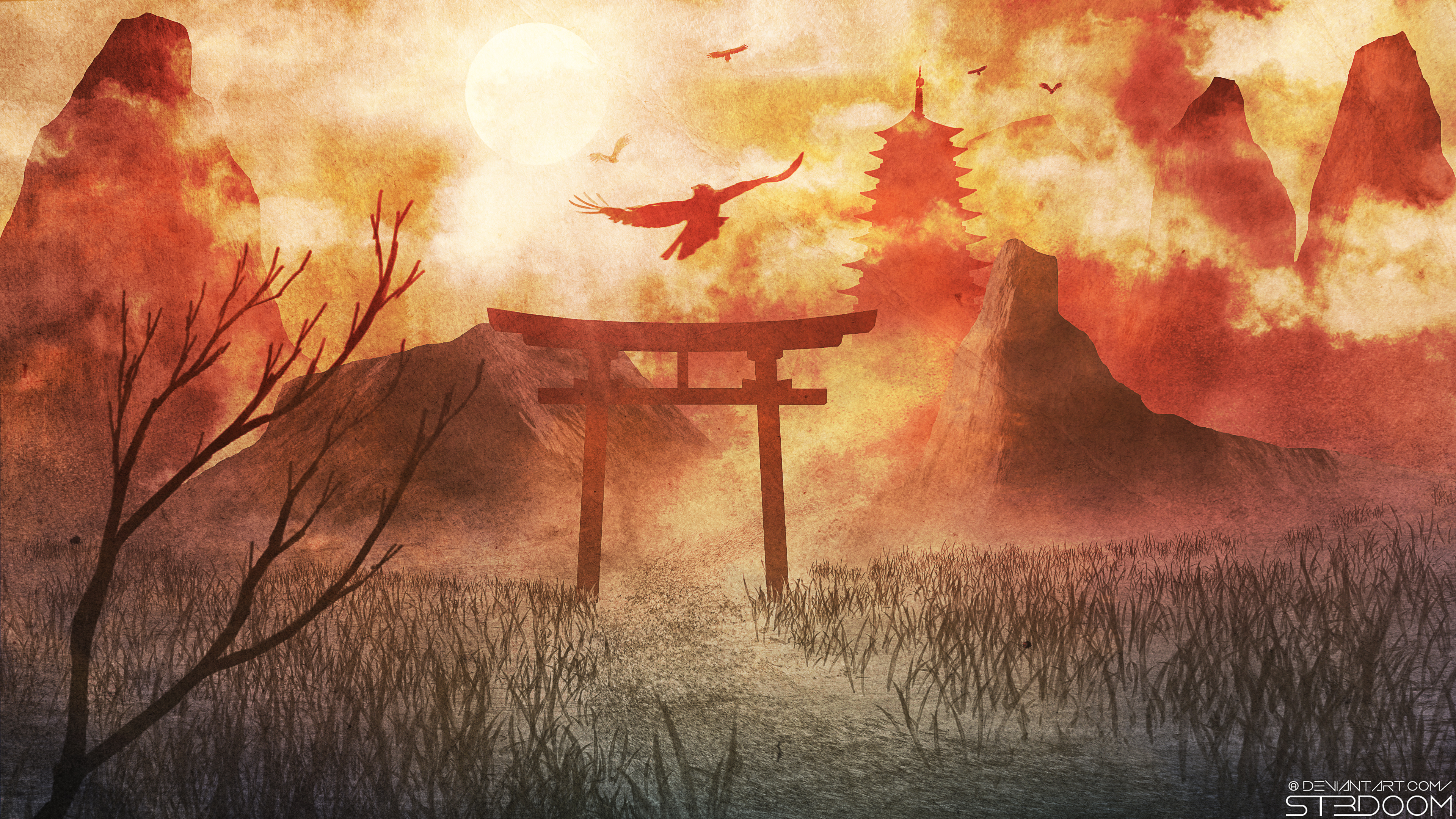 Free download wallpaper Landscape, Fire, Mountain, Artistic, Torii on your PC desktop