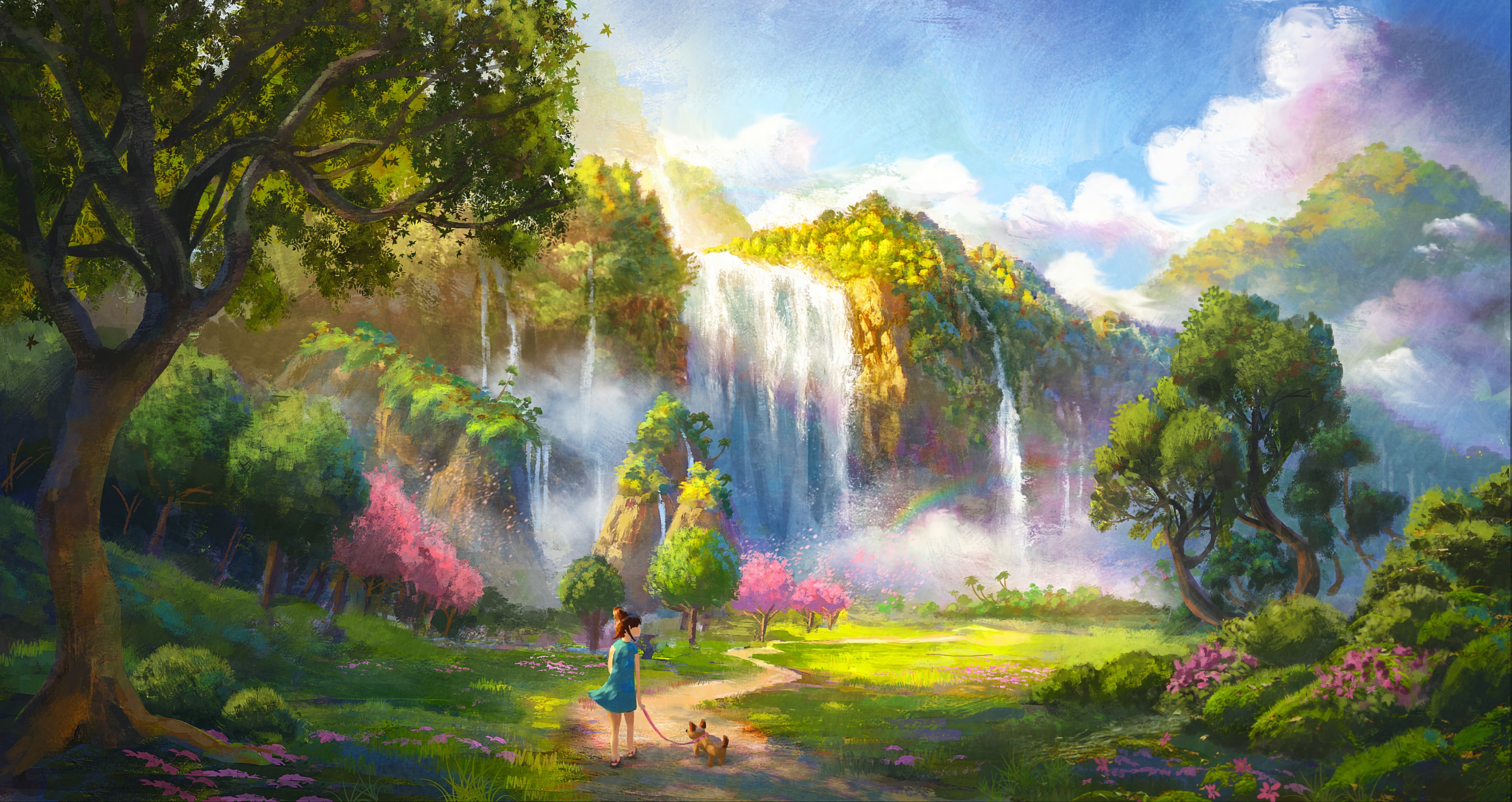 Handy-Wallpaper Landschaft, Fantasie, Kinder, Wasserfall, Hund kostenlos herunterladen.