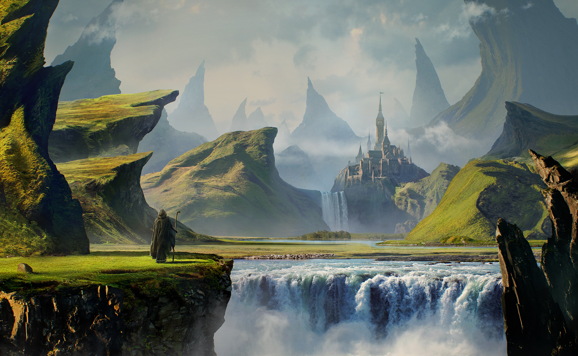Download mobile wallpaper Landscape, Fantasy, Gothic, Mountain, Waterfall, Castle, Pilgrim for free.