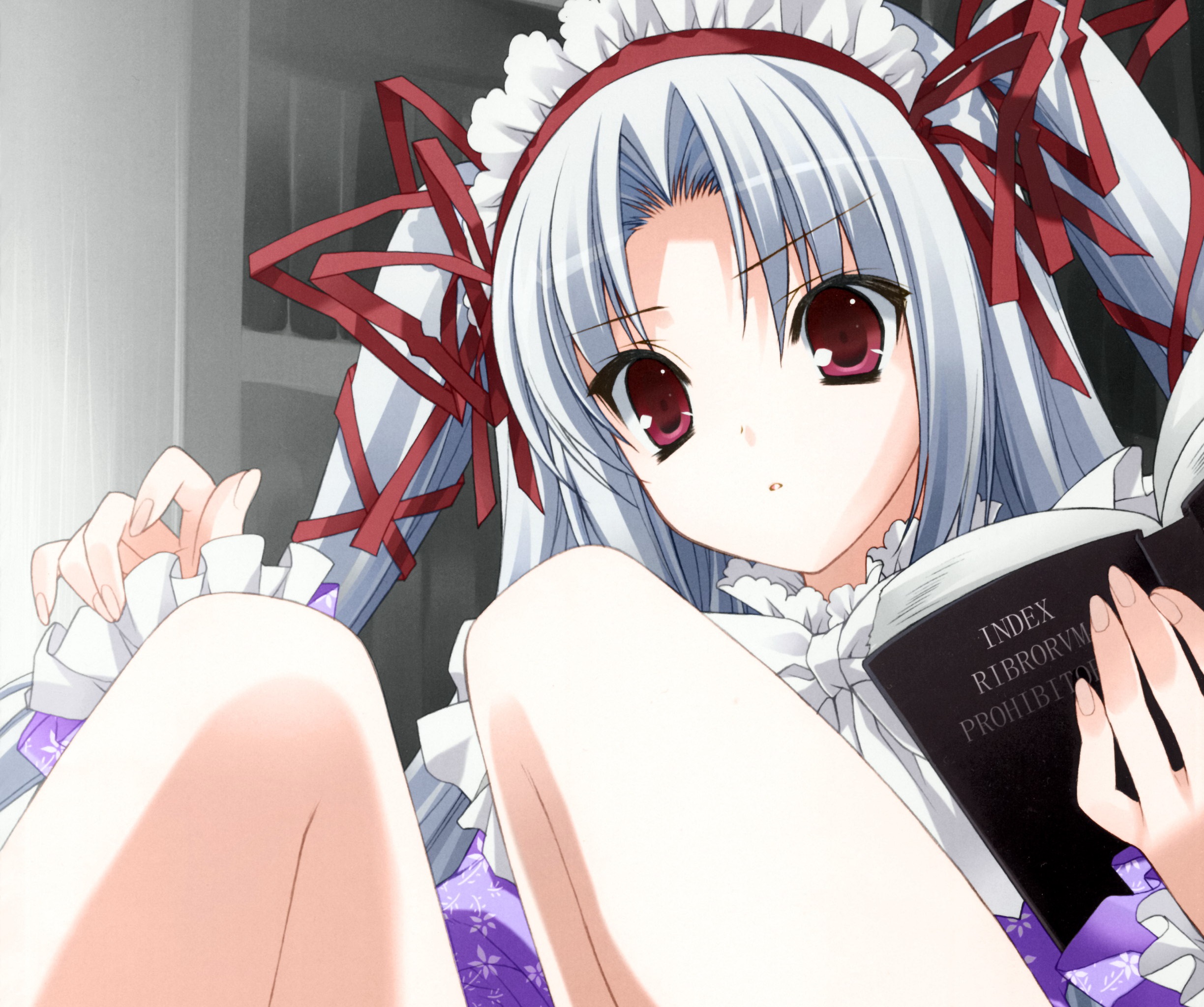 Free download wallpaper Anime, Book, Ribbon, Original, Red Eyes, Long Hair, Twintails, Grey Hair on your PC desktop