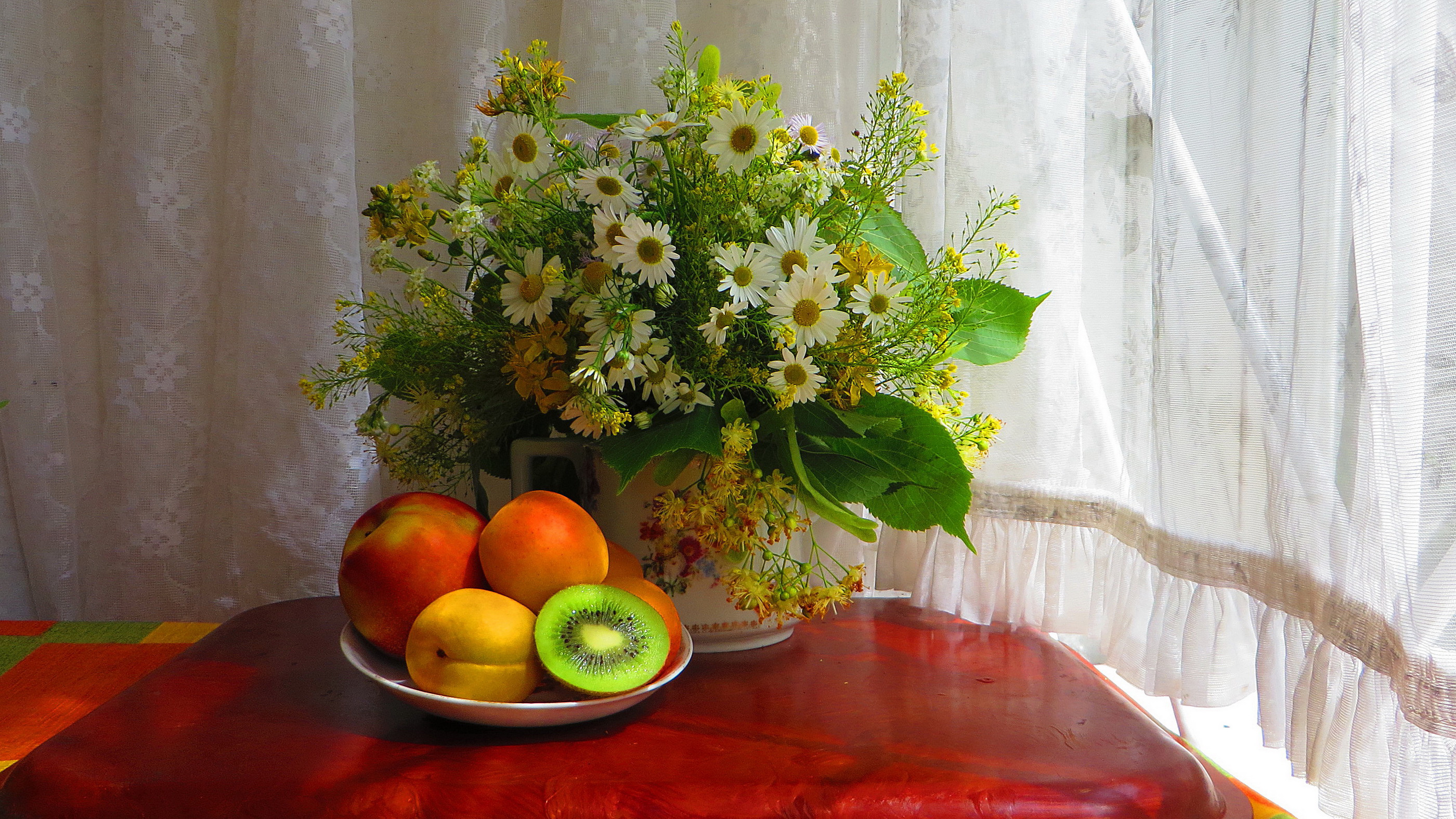 vase, photography, still life, bowl, curtain, daisy, flower, fruit