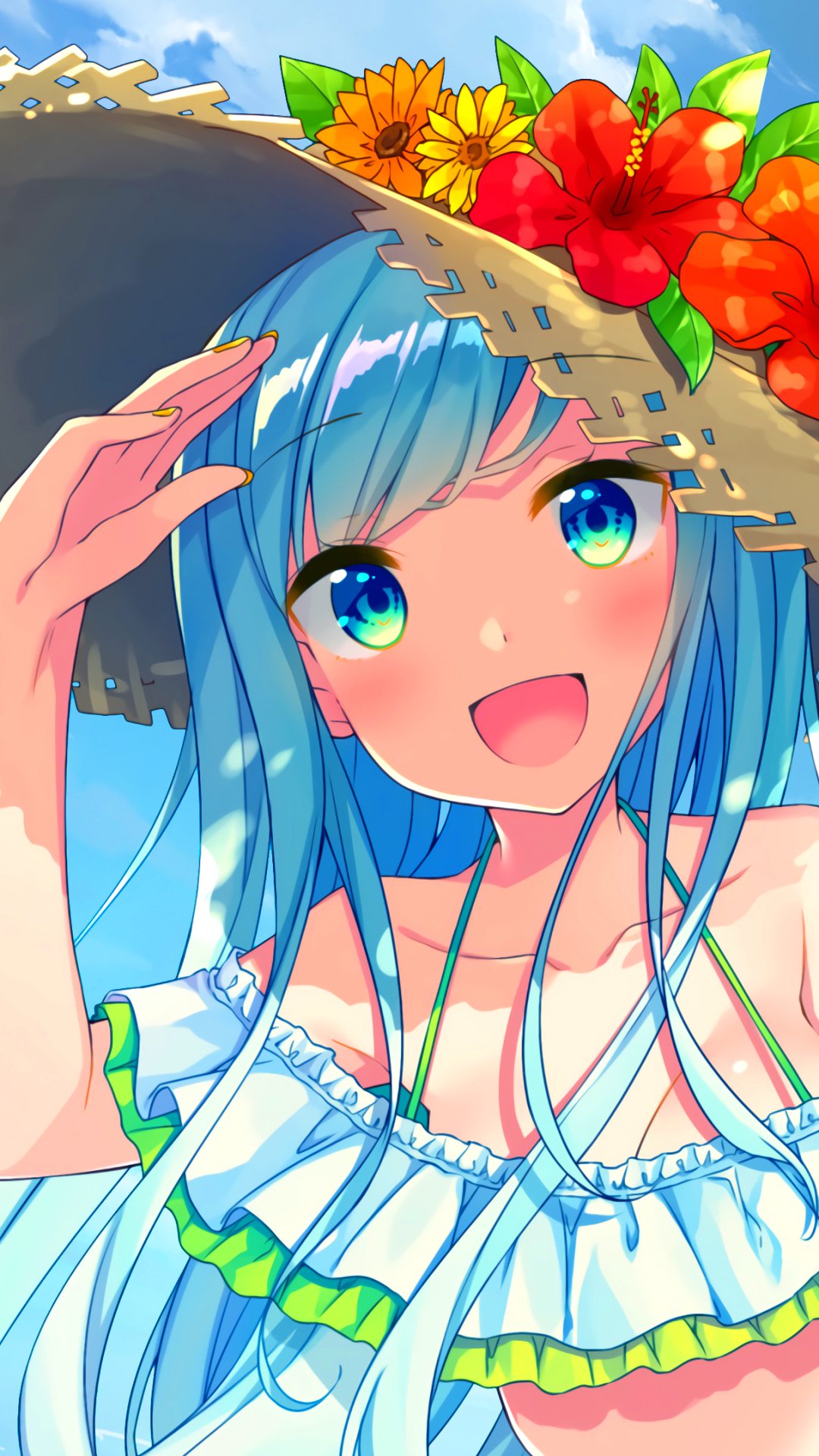 Download mobile wallpaper Anime, Summer, Ice Cream, Flower, Original, Blue Hair for free.