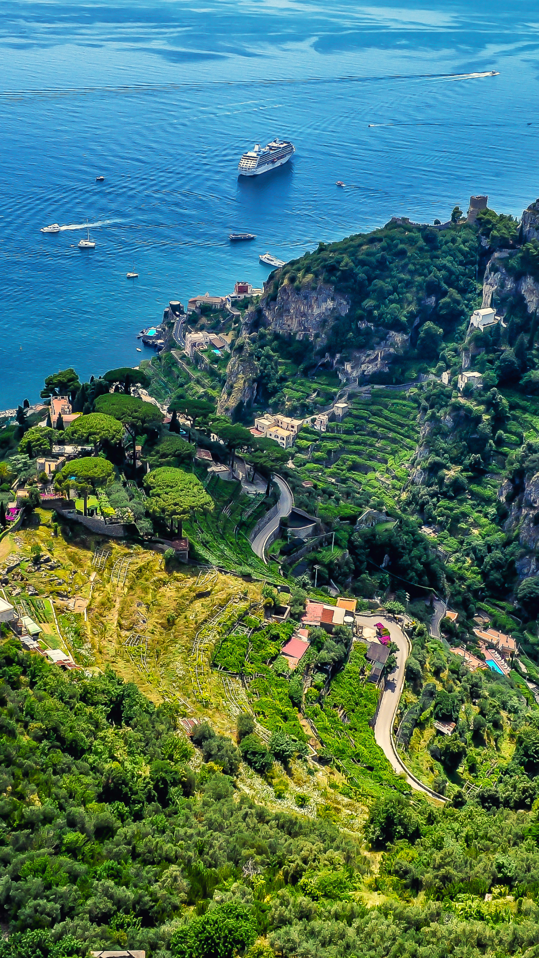 Download mobile wallpaper Landscape, Sea, Italy, Mountain, Ocean, Boat, Amalfi, Cruise Ship, Man Made, Towns for free.