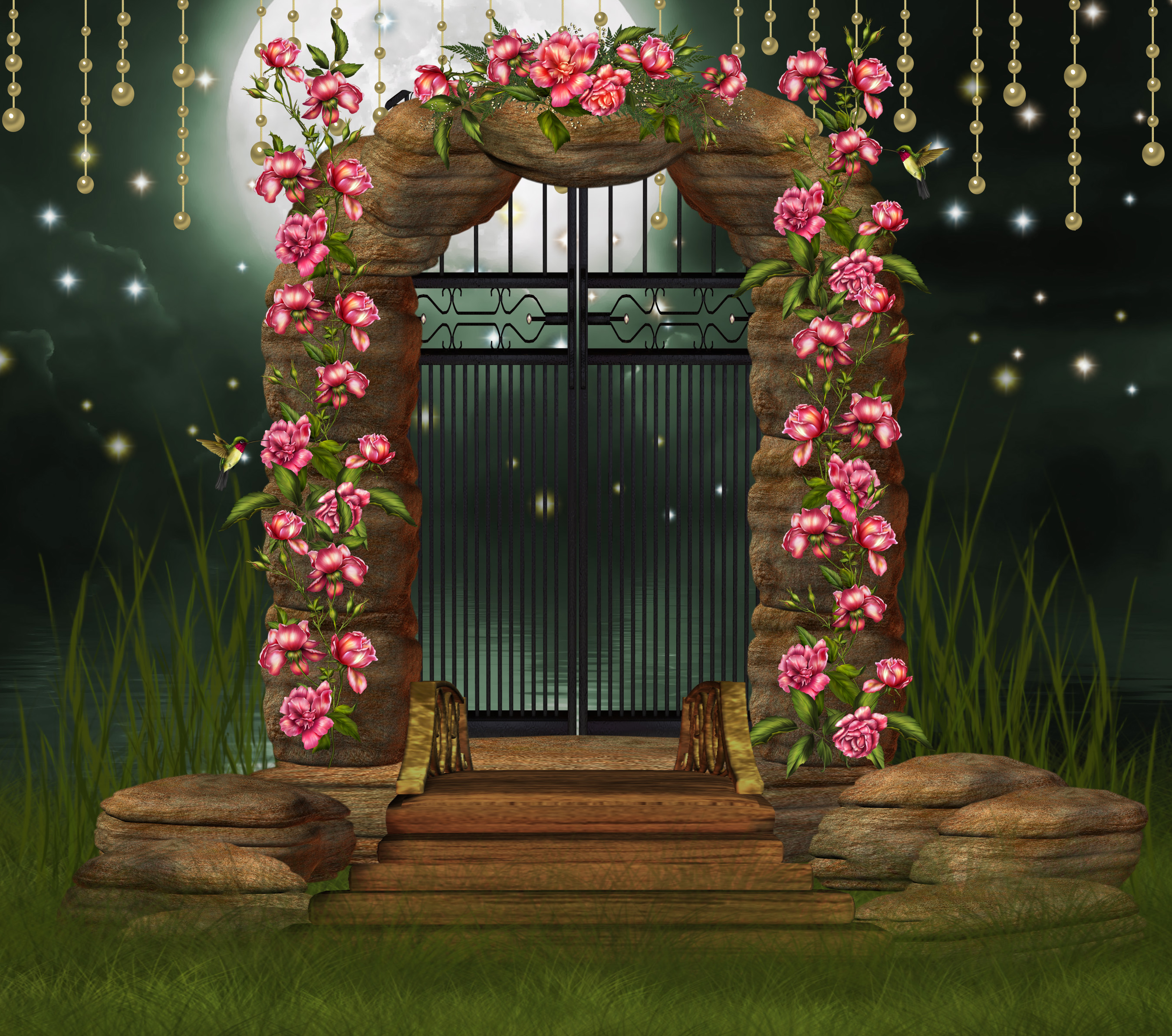 Download mobile wallpaper Fantasy, Moon, Arch, Artistic, Door, Sparkles, Pink Flower, Hummingbird for free.
