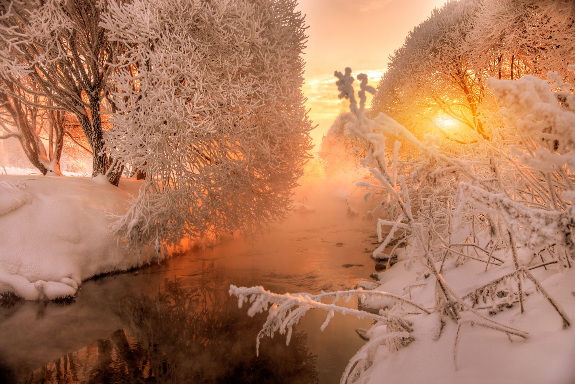 Free download wallpaper Winter, Sunset, Snow, Earth, Sunlight, River on your PC desktop
