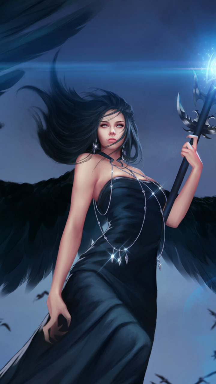 無料モバイル壁紙ファンタジー, 天使, 翼, 魔法, 黒髪, 黒い衣装をダウンロードします。