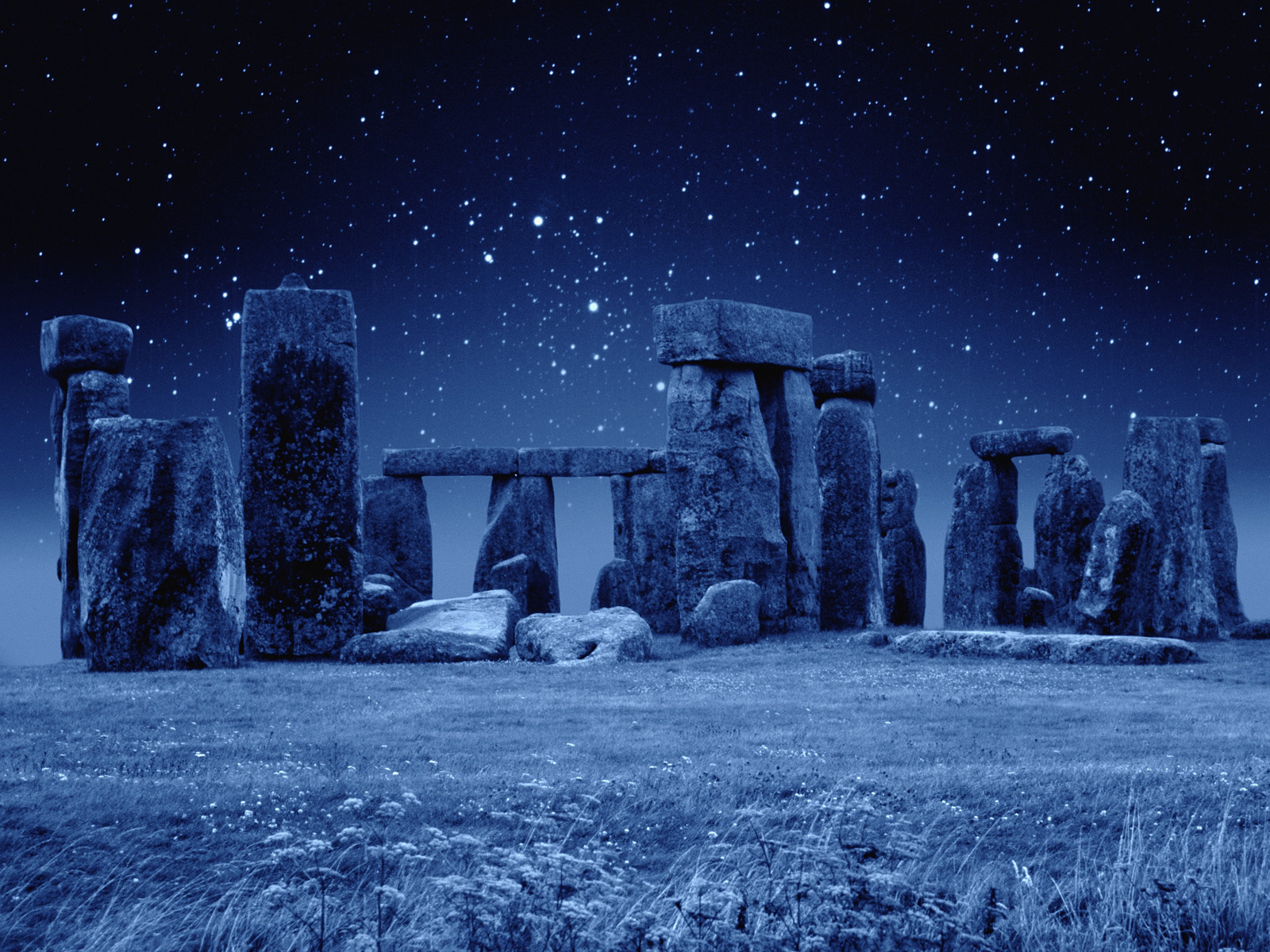 landscape, stars, night, architecture, stonehenge, blue