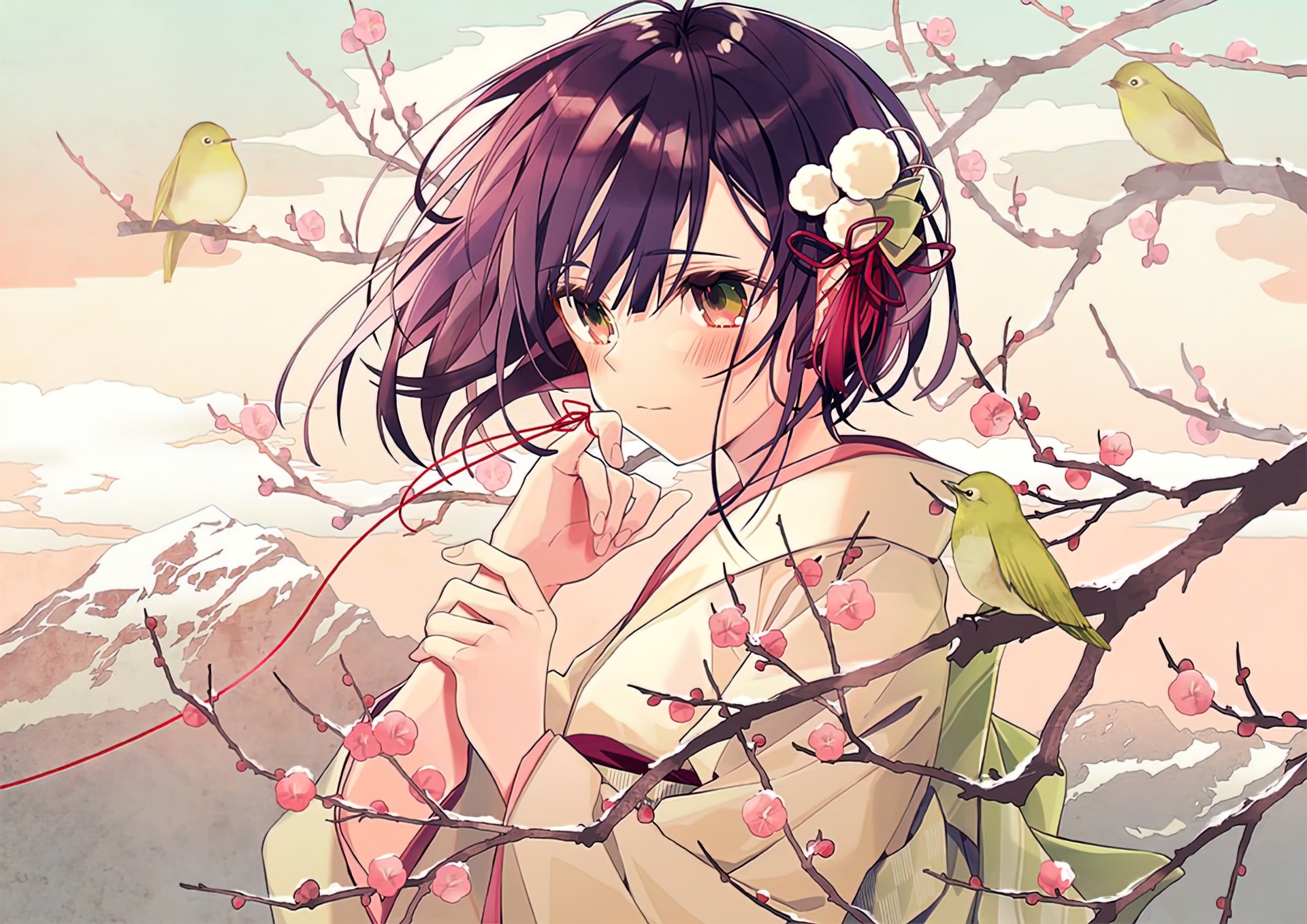 Free download wallpaper Anime, Bird, Girl, Kimono, Green Eyes, Cherry Blossom, Short Hair on your PC desktop
