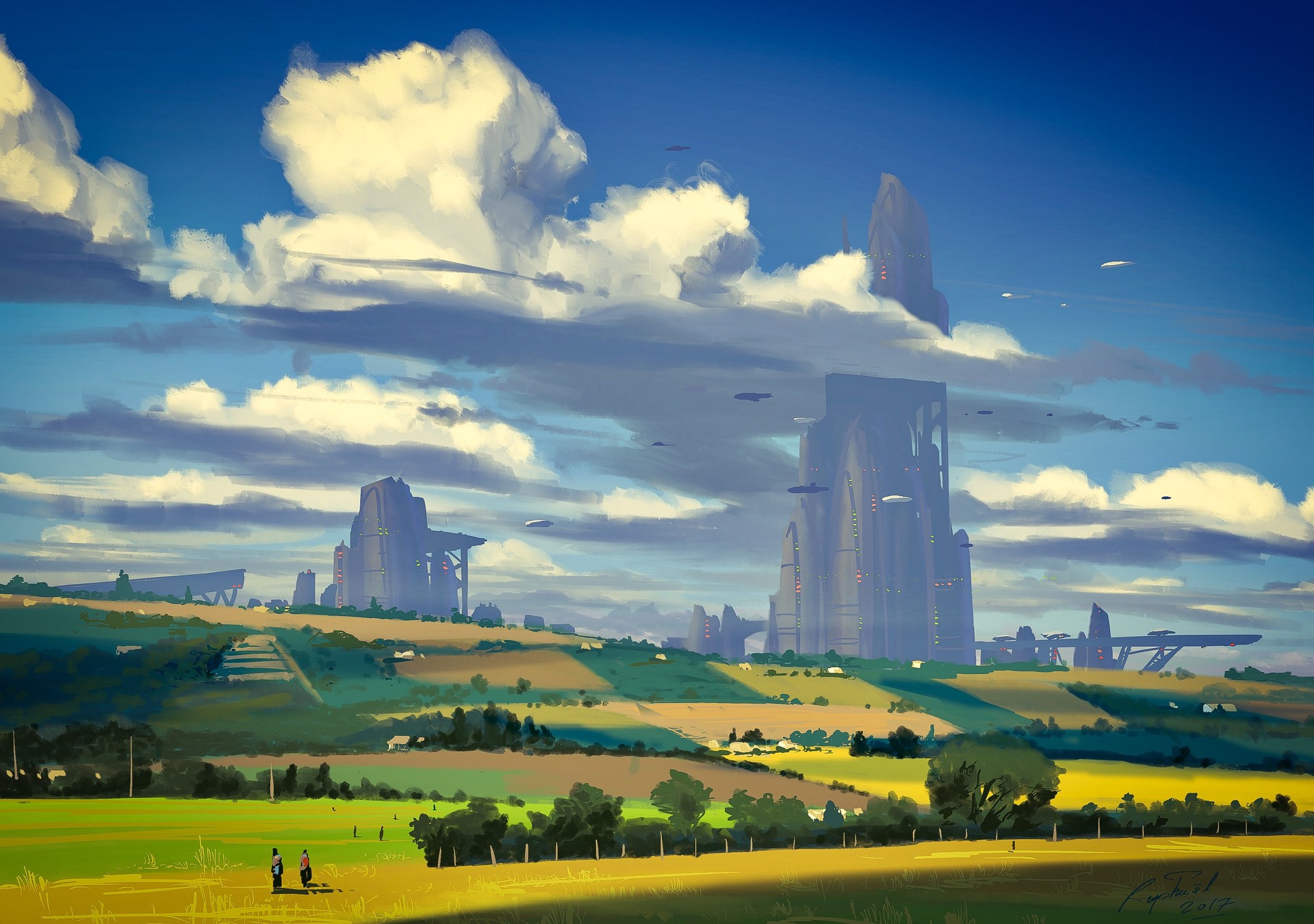 sci fi, landscape, building, cloud, countryside, sky, skyscraper, tree