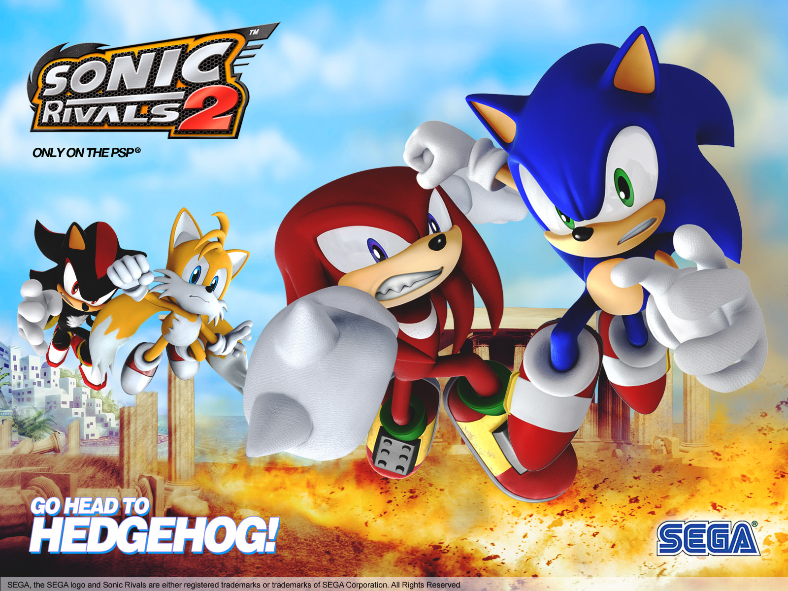 video game, sonic rivals 2, knuckles the echidna, miles 'tails' prower, shadow the hedgehog, sonic the hedgehog, sonic
