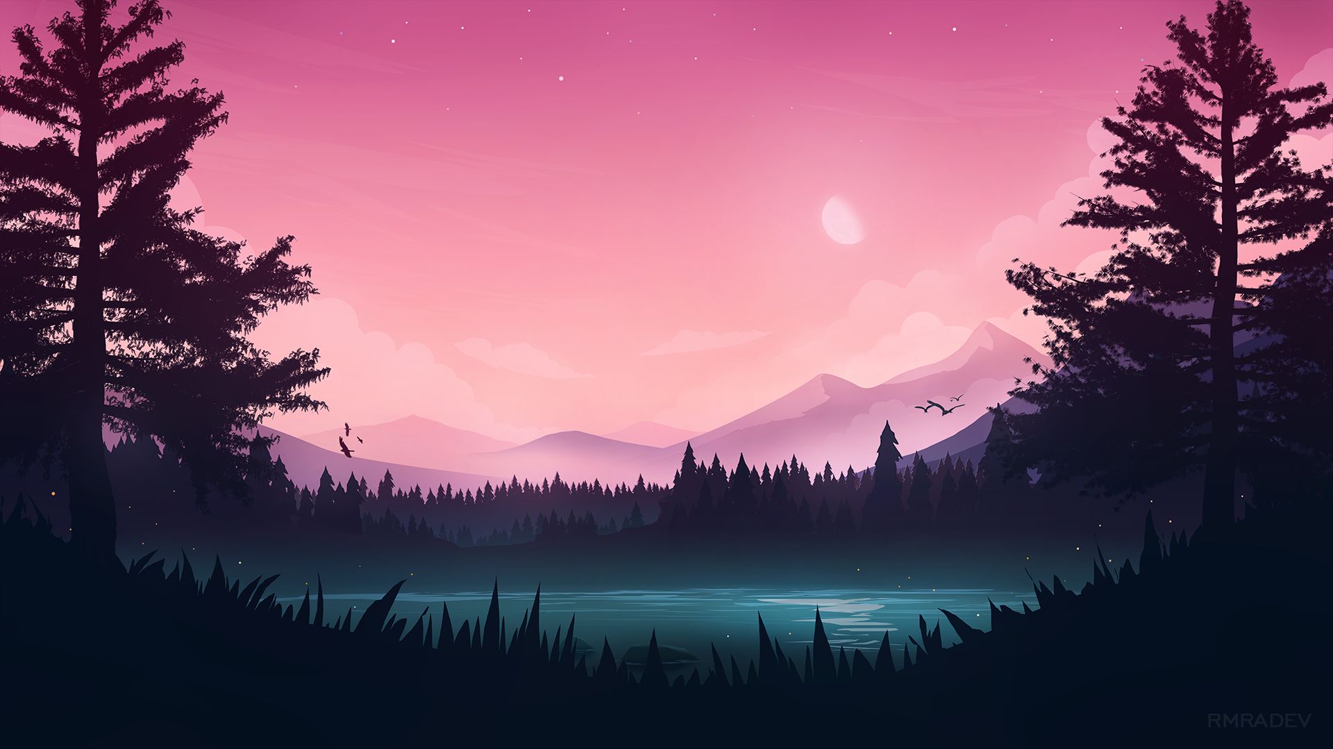 Free download wallpaper Landscape, Moon, Mountain, Lake, Artistic on your PC desktop