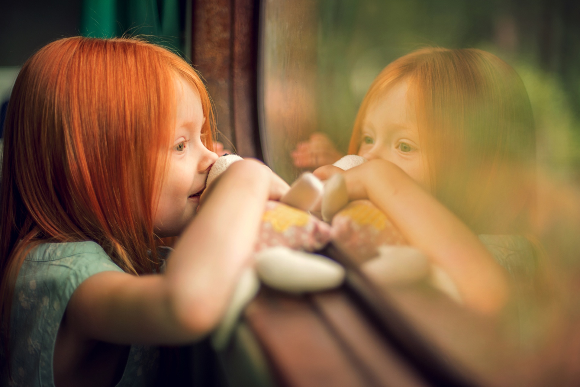Download mobile wallpaper Reflection, Redhead, Child, Photography, Little Girl, Stuffed Animal for free.