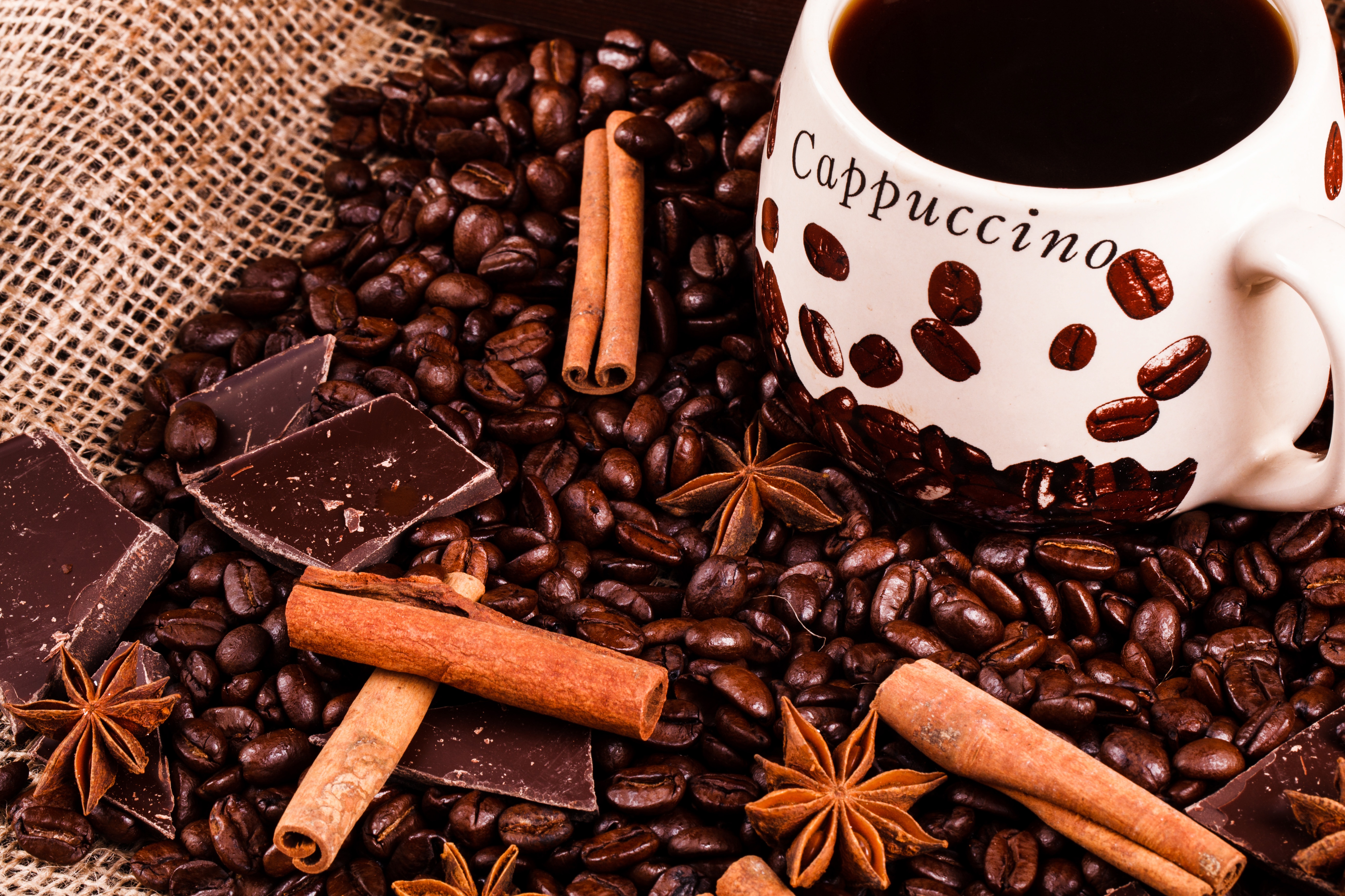 Free download wallpaper Food, Coffee, Cinnamon, Cup, Coffee Beans, Star Anise on your PC desktop