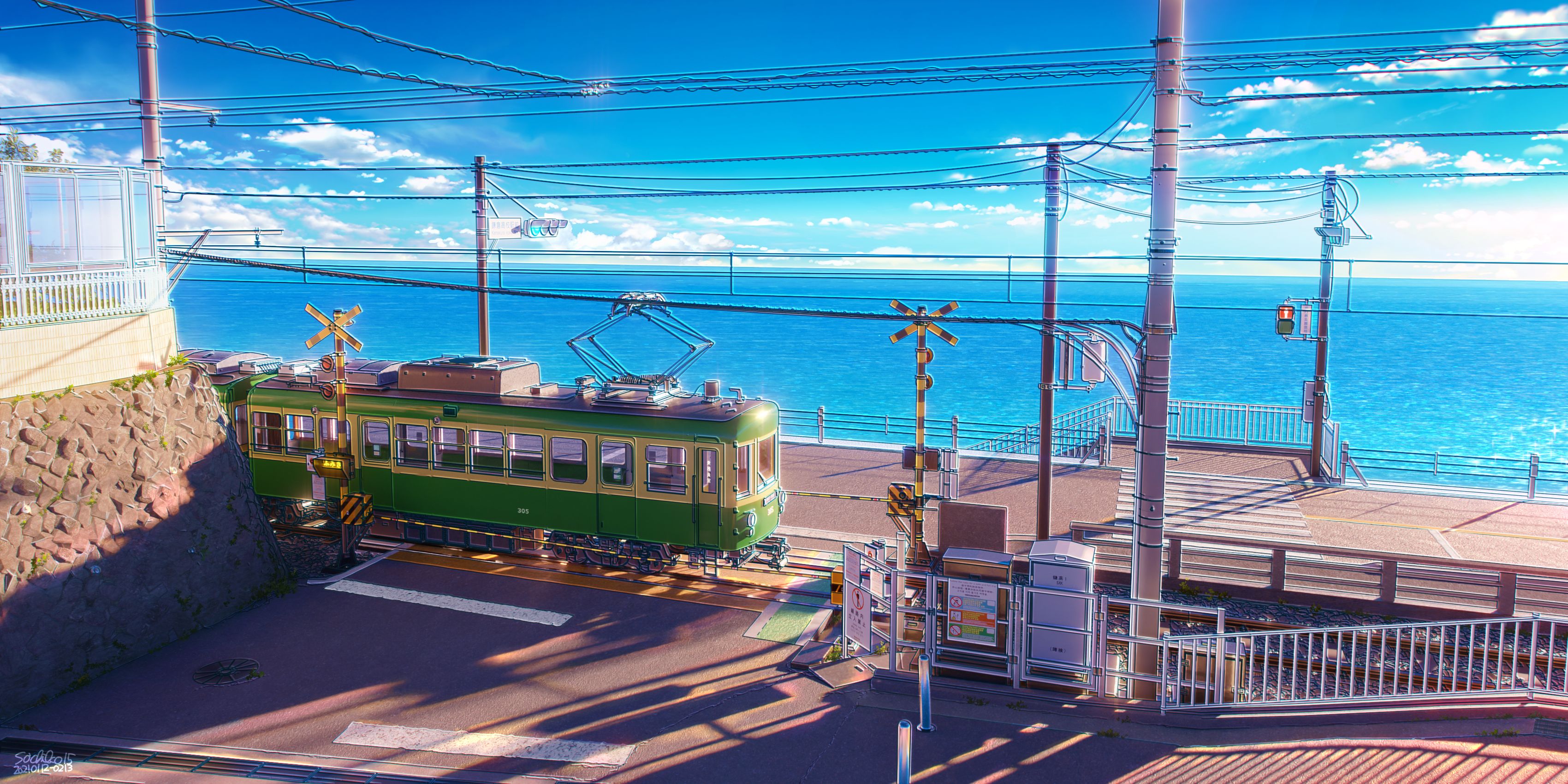 Download mobile wallpaper Anime, Sky, Sea, Ocean, Train for free.