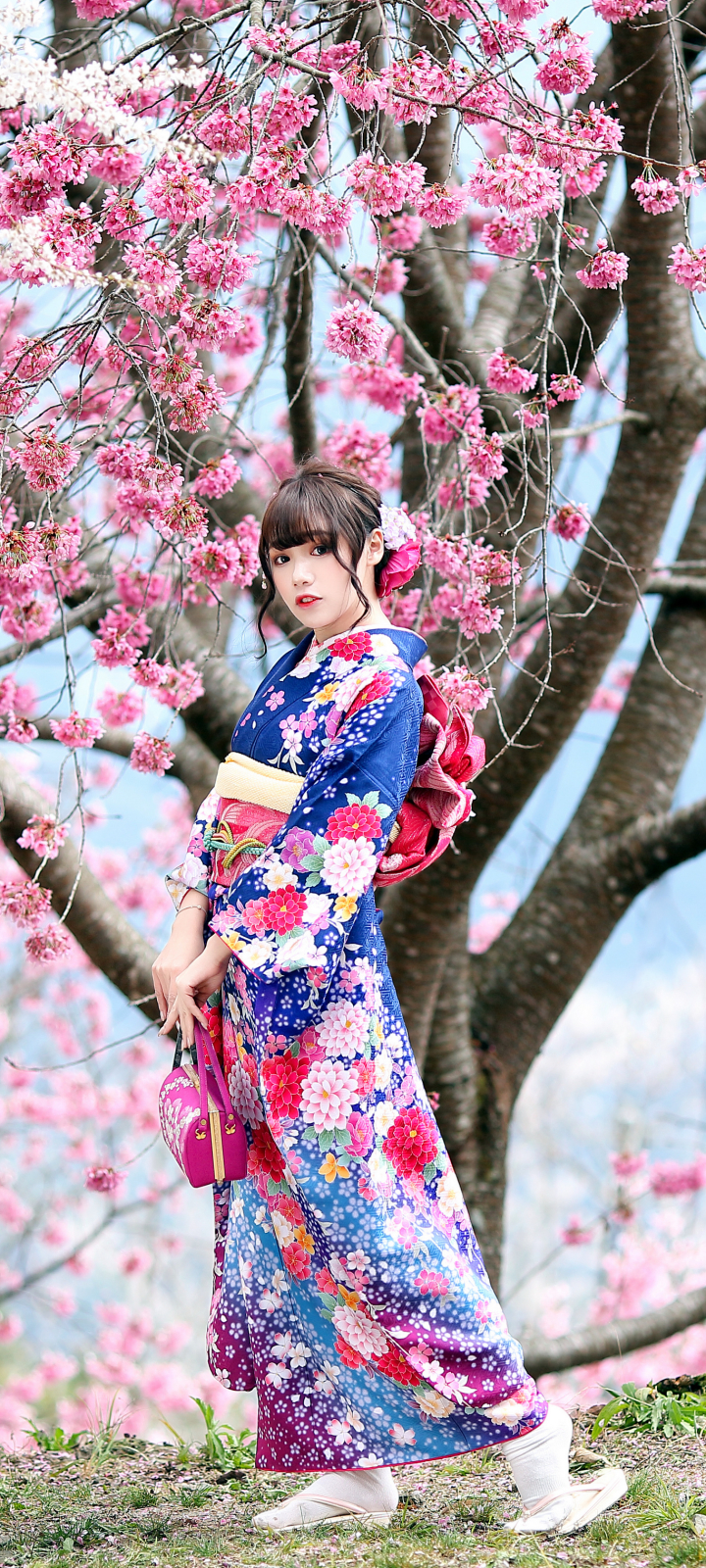 Download mobile wallpaper Kimono, Brunette, Model, Women, Blossom, Asian for free.