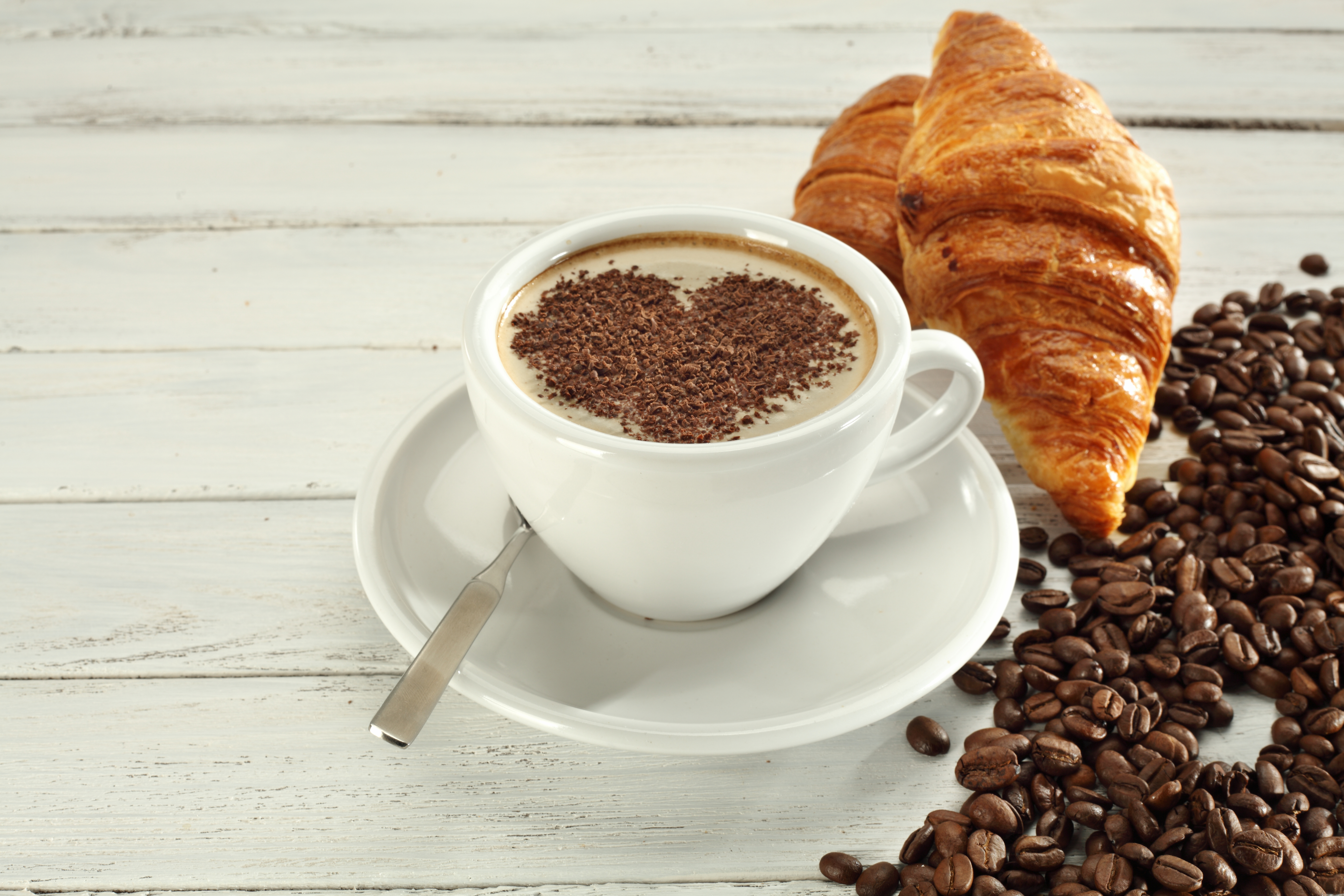 food, breakfast, coffee beans, coffee, croissant, cup, heart