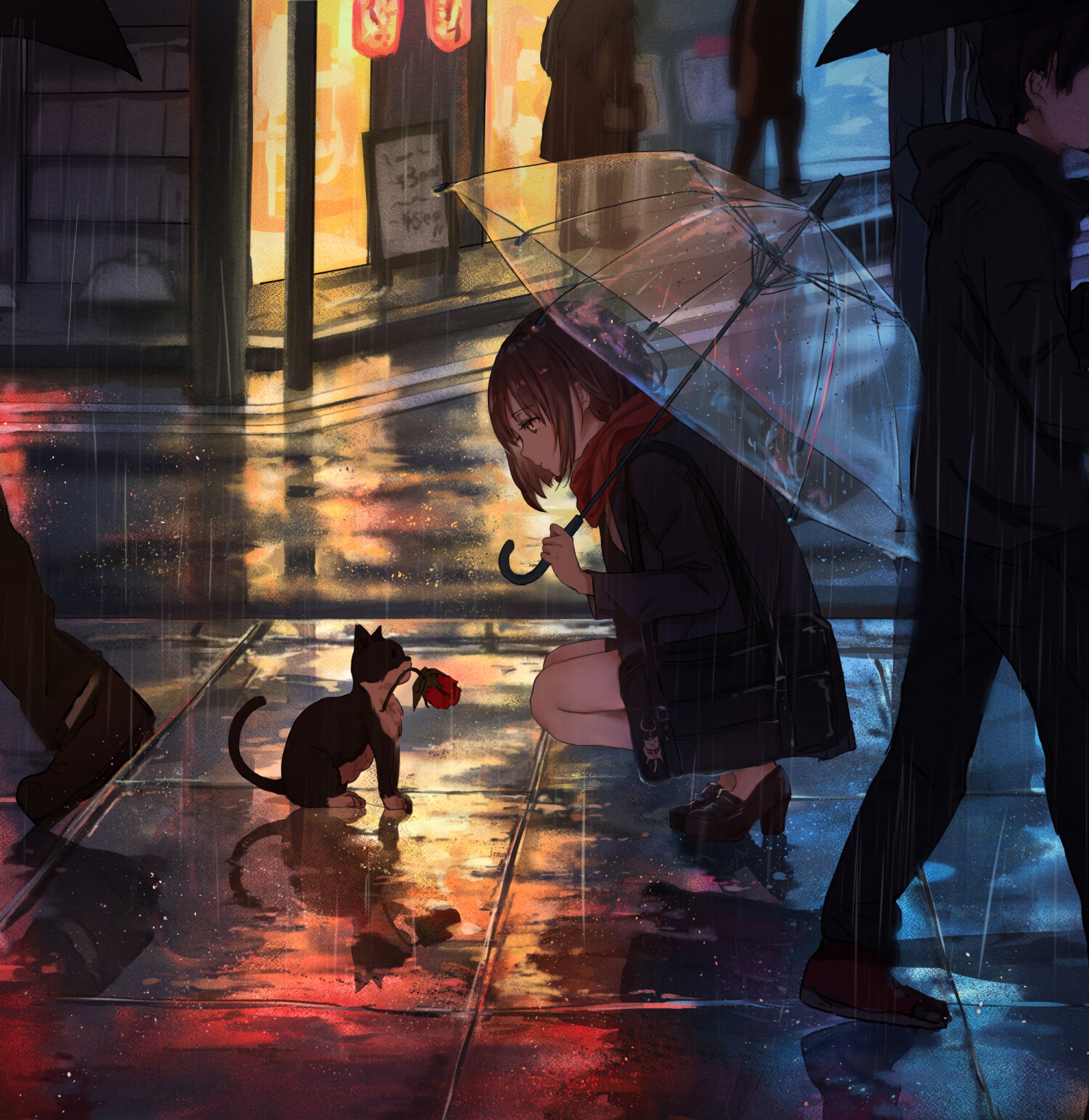 99456 скачать картинку аниме, девушка, дождь, цветок, улица, котенок - обои и заставки бесплатно