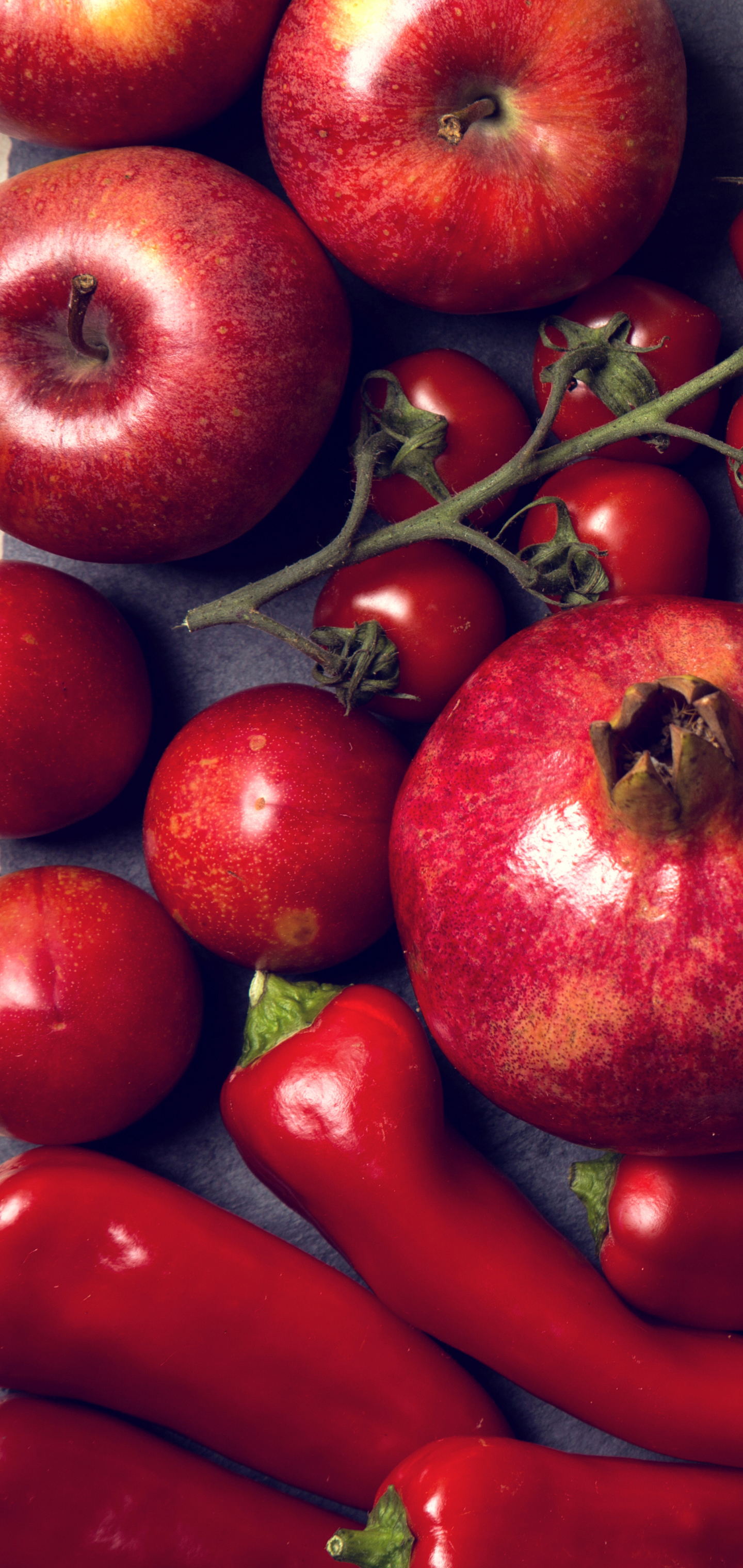 Download mobile wallpaper Food, Pepper, Still Life, Fruit, Pomegranate, Tomato for free.