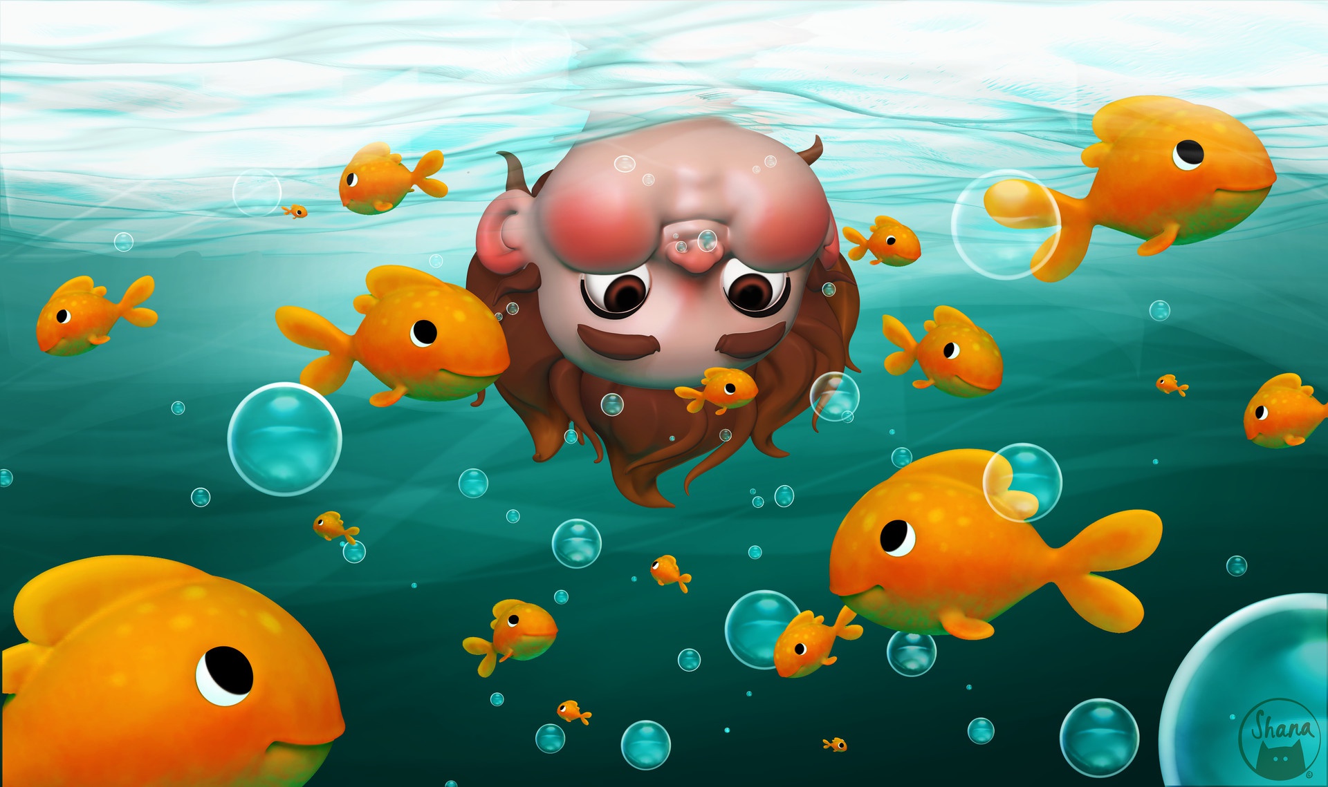 Download mobile wallpaper Fantasy, Fish, Child, Underwater, Bubble, Brown Eyes, Little Boy for free.