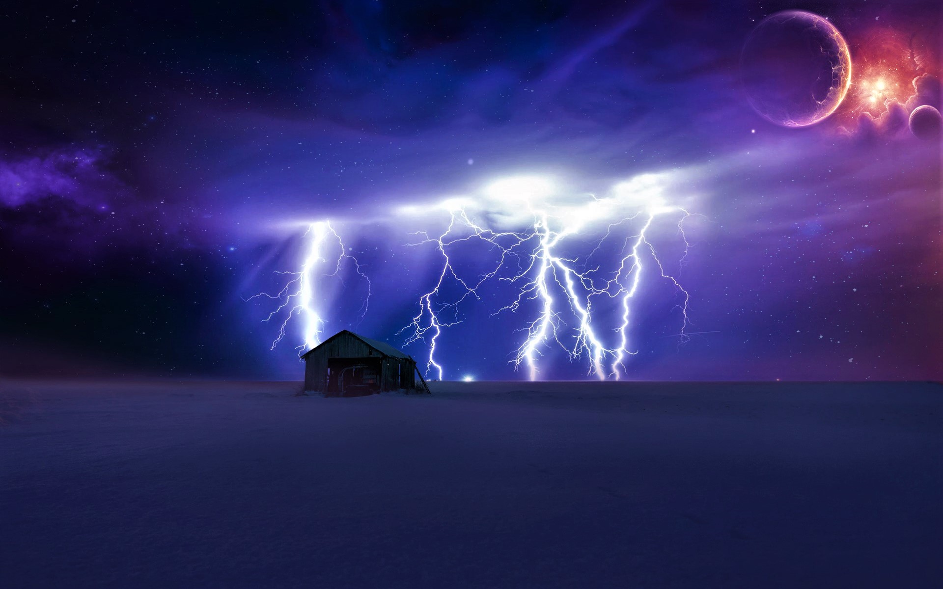 artistic, digital art, lightning, planet, shed, sky, winter HD wallpaper