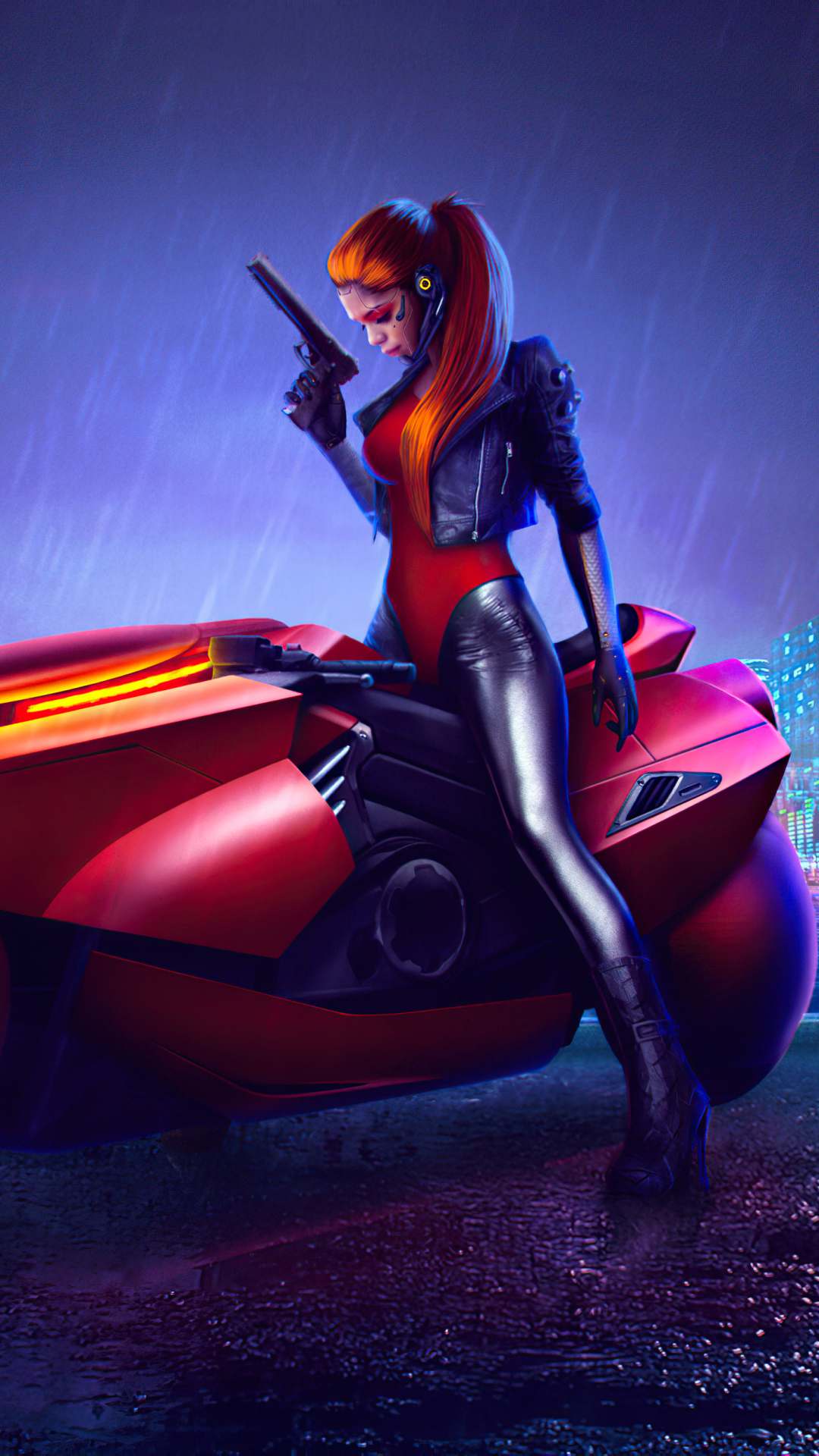 Download mobile wallpaper Cyberpunk, Sci Fi, Futuristic, Red Hair, Woman Warrior, Ponytail for free.