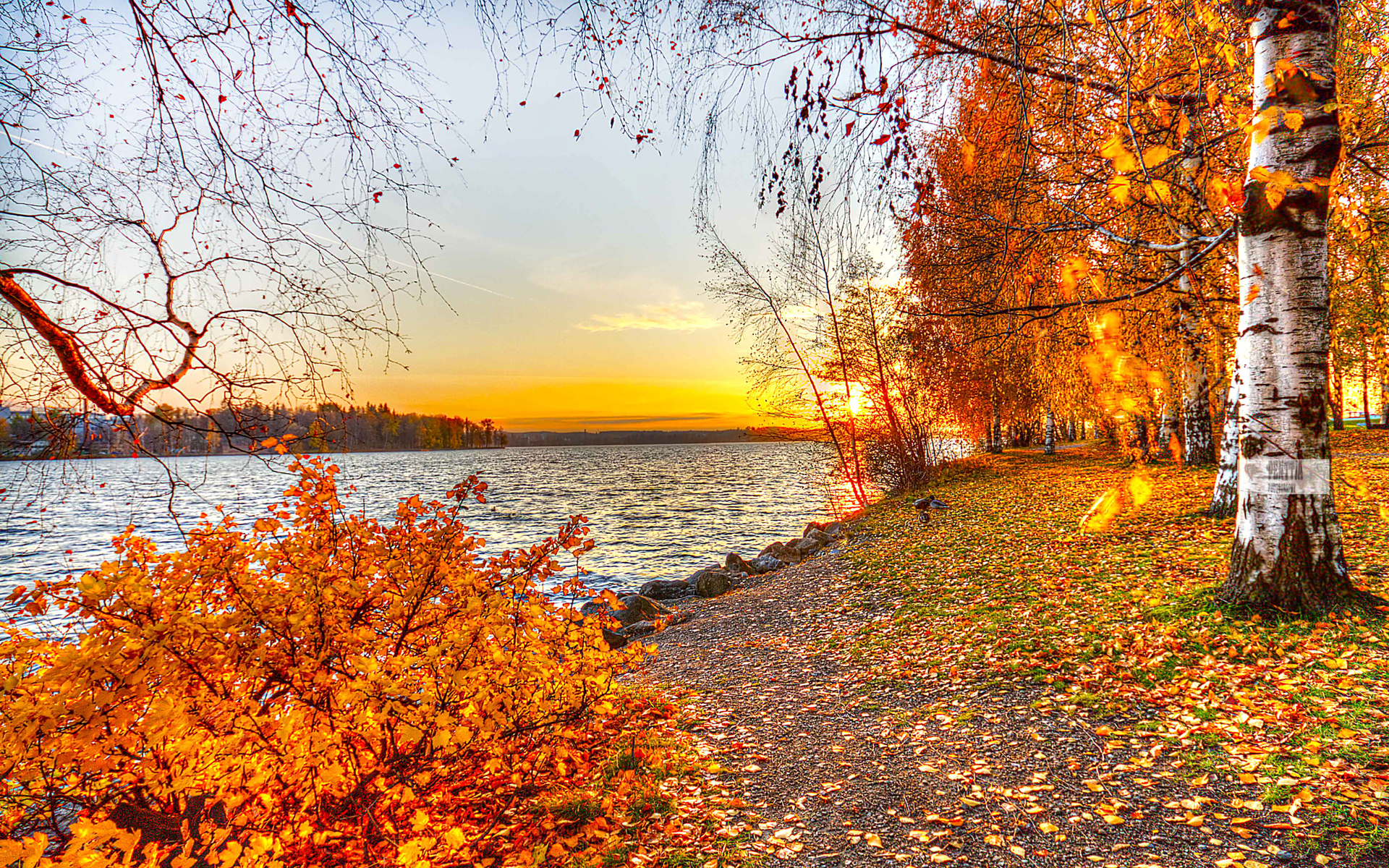 Free download wallpaper Nature, Lake, Leaf, Fall, Sunrise, Earth, Hdr on your PC desktop