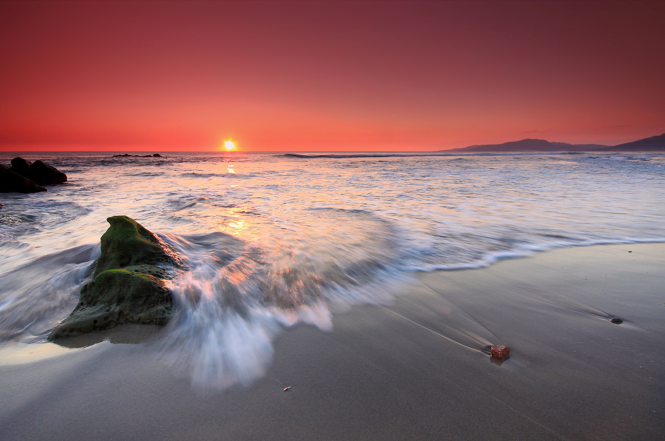 Laden Sie das Natur, Sunset, Waves, Sand, Sea, Strand-Bild kostenlos auf Ihren PC-Desktop herunter