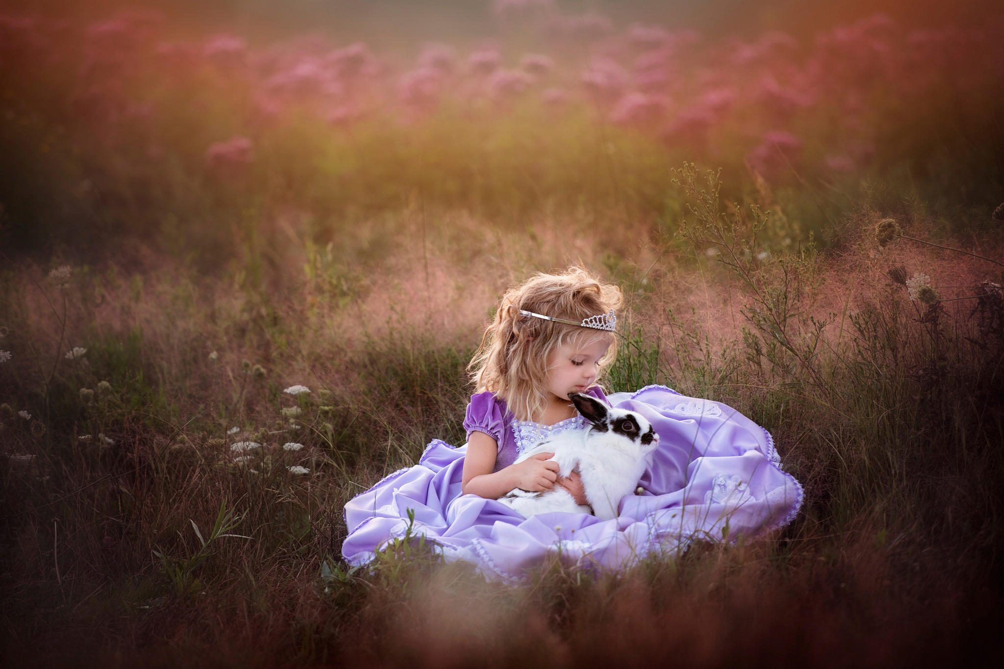 Download mobile wallpaper Crown, Field, Child, Rabbit, Cute, Photography, Little Girl for free.