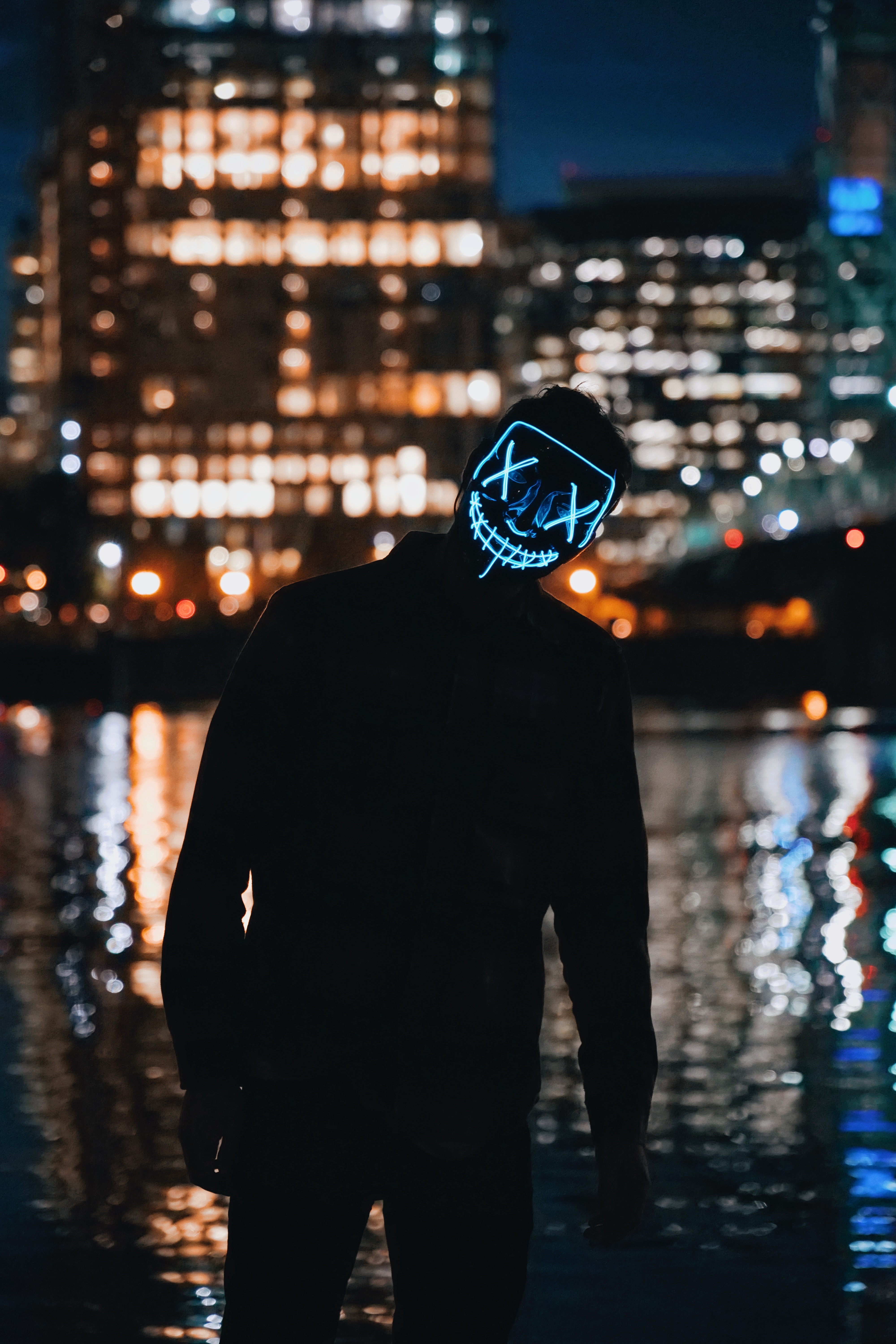 mask, lights, dark, silhouette, neon phone background