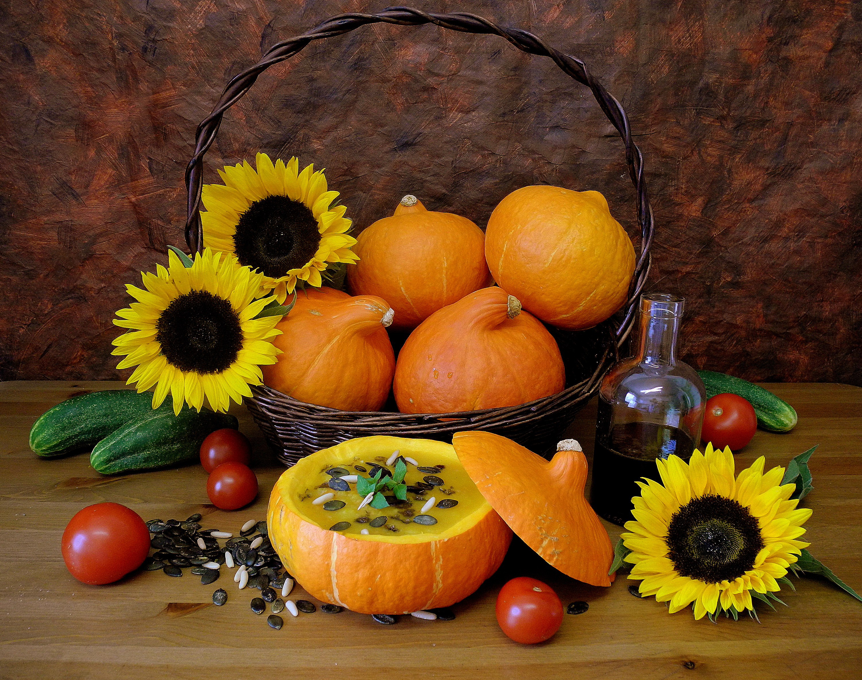 Free download wallpaper Pumpkin, Still Life, Fall, Sunflower, Photography on your PC desktop