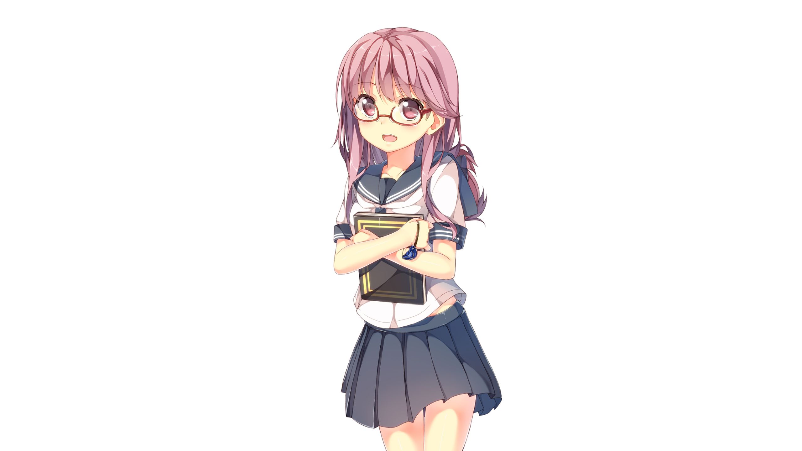 Download mobile wallpaper Anime, Smile, Book, Glasses, Skirt, Original, School Uniform, Long Hair for free.