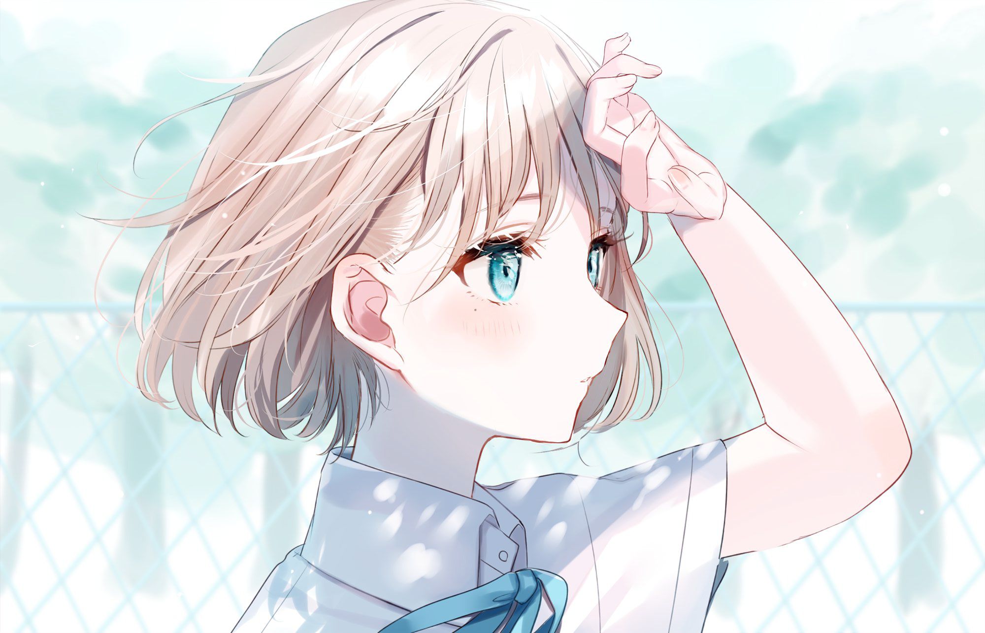 Download mobile wallpaper Anime, Girl, Short Hair, Aqua Eyes for free.