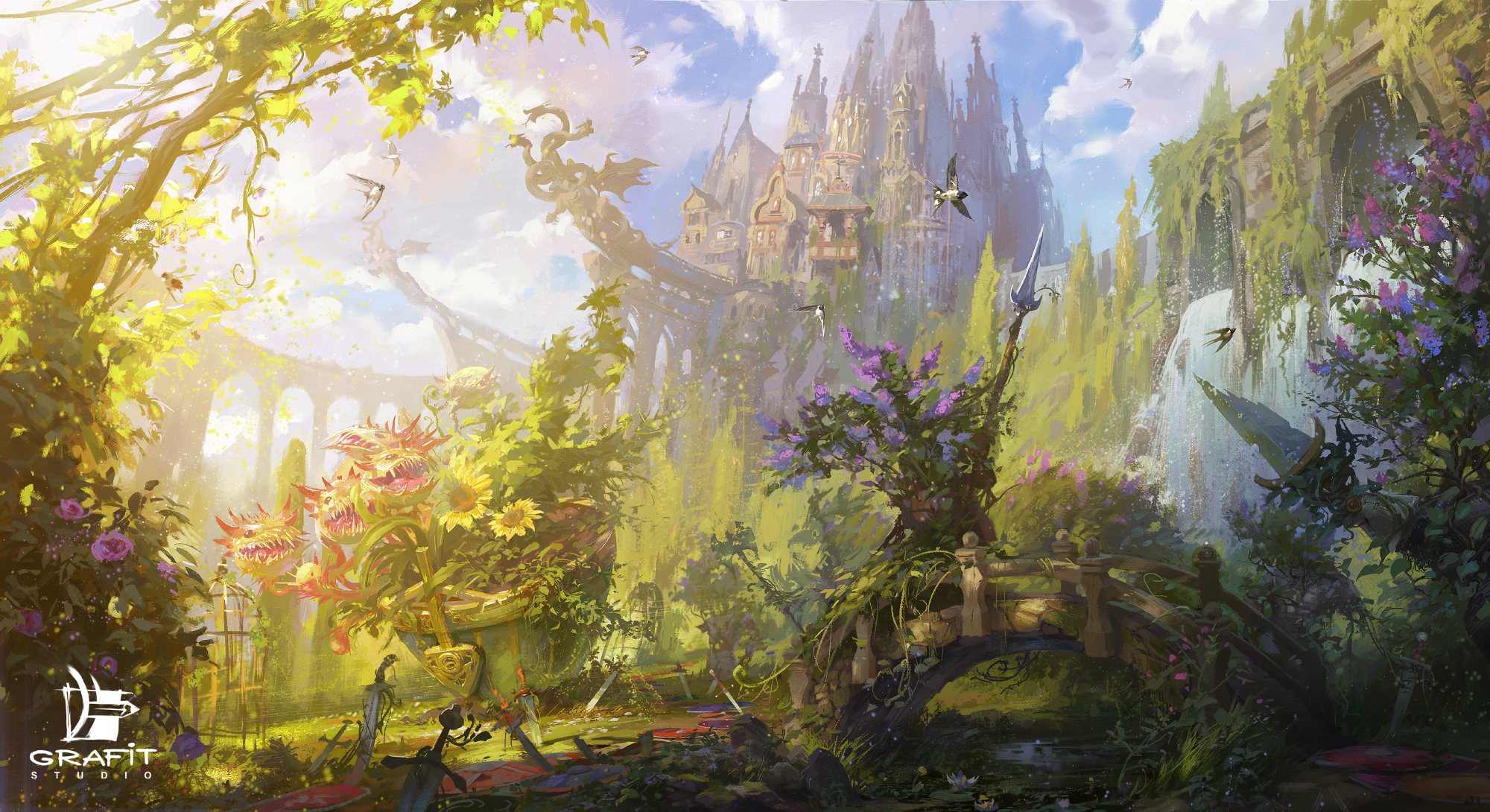 Free download wallpaper Fantasy, Castles, Flower, Sword, Castle on your PC desktop