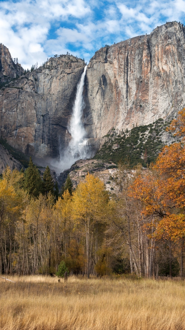 Download mobile wallpaper Nature, Waterfalls, Usa, Waterfall, Tree, Earth, Cliff, Yosemite National Park, Yosemite Falls for free.