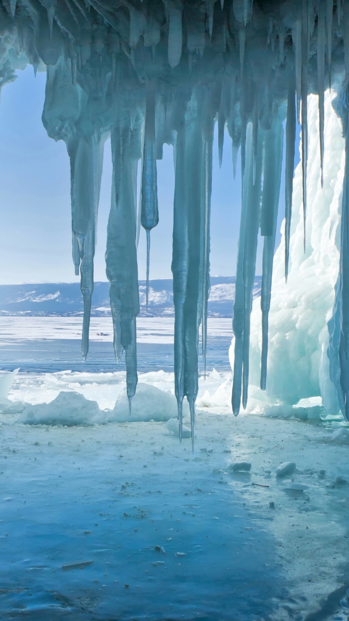Скачати мобільні шпалери Зима, Лід, Земля, Печера безкоштовно.