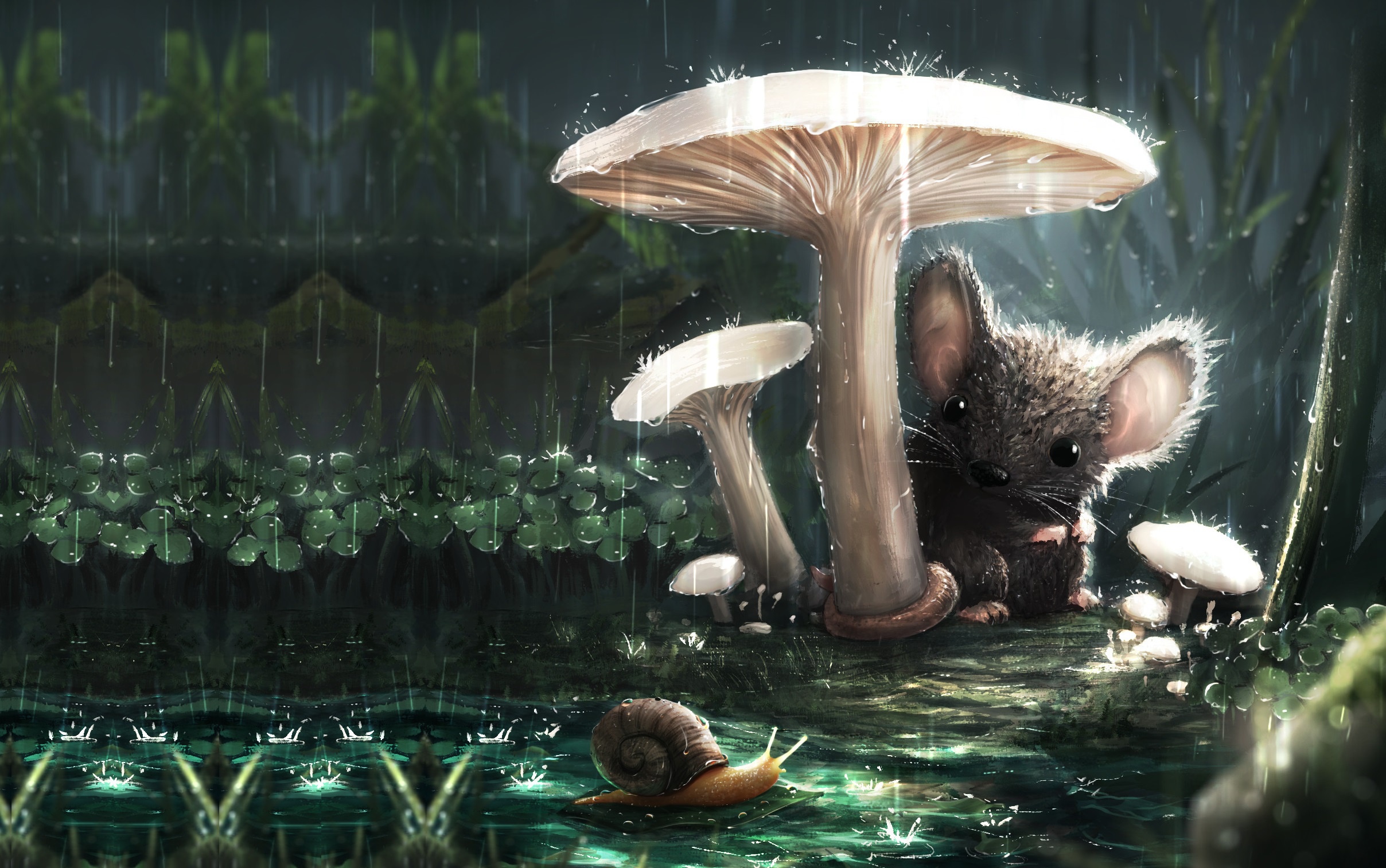 Free download wallpaper Fantasy, Rain, Animal, Mushroom, Mouse, Snail, Fantasy Animals on your PC desktop