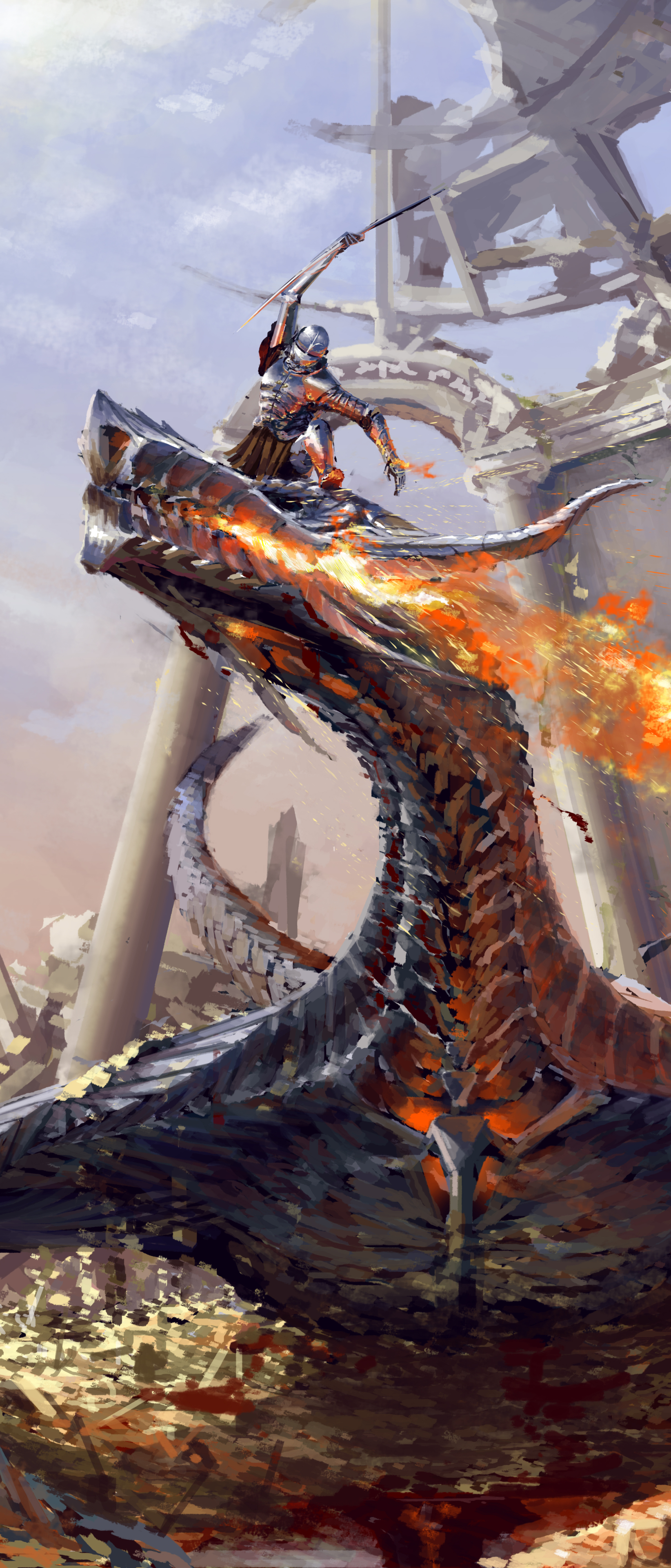 Download mobile wallpaper Fantasy, Dragon, Knight, Battle, Wyvern for free.