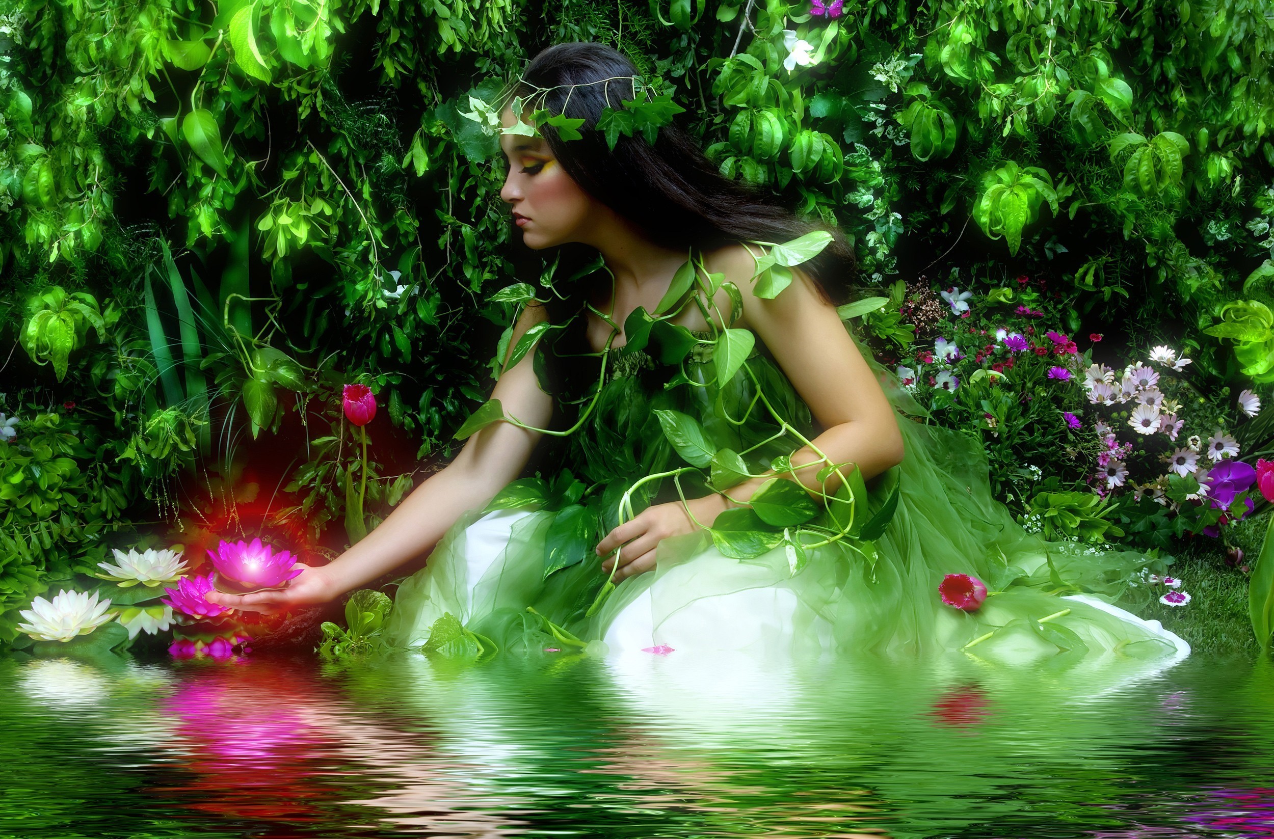 fairy, makeup, fantasy, brunette, flower, leaf, pond, spring, water lily