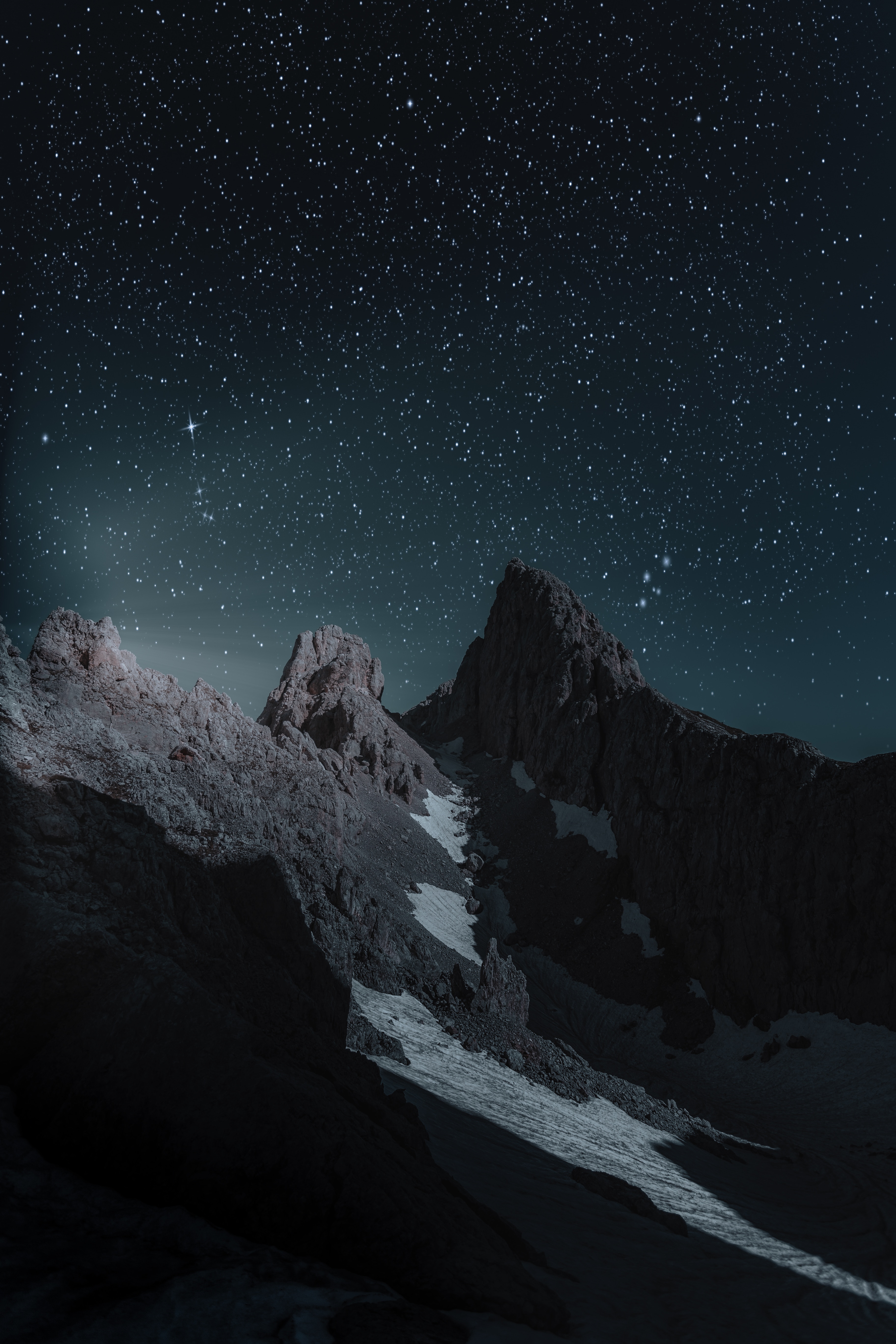 mountains, nature, night, vertex, top, starry sky, snow covered, snowbound HD wallpaper