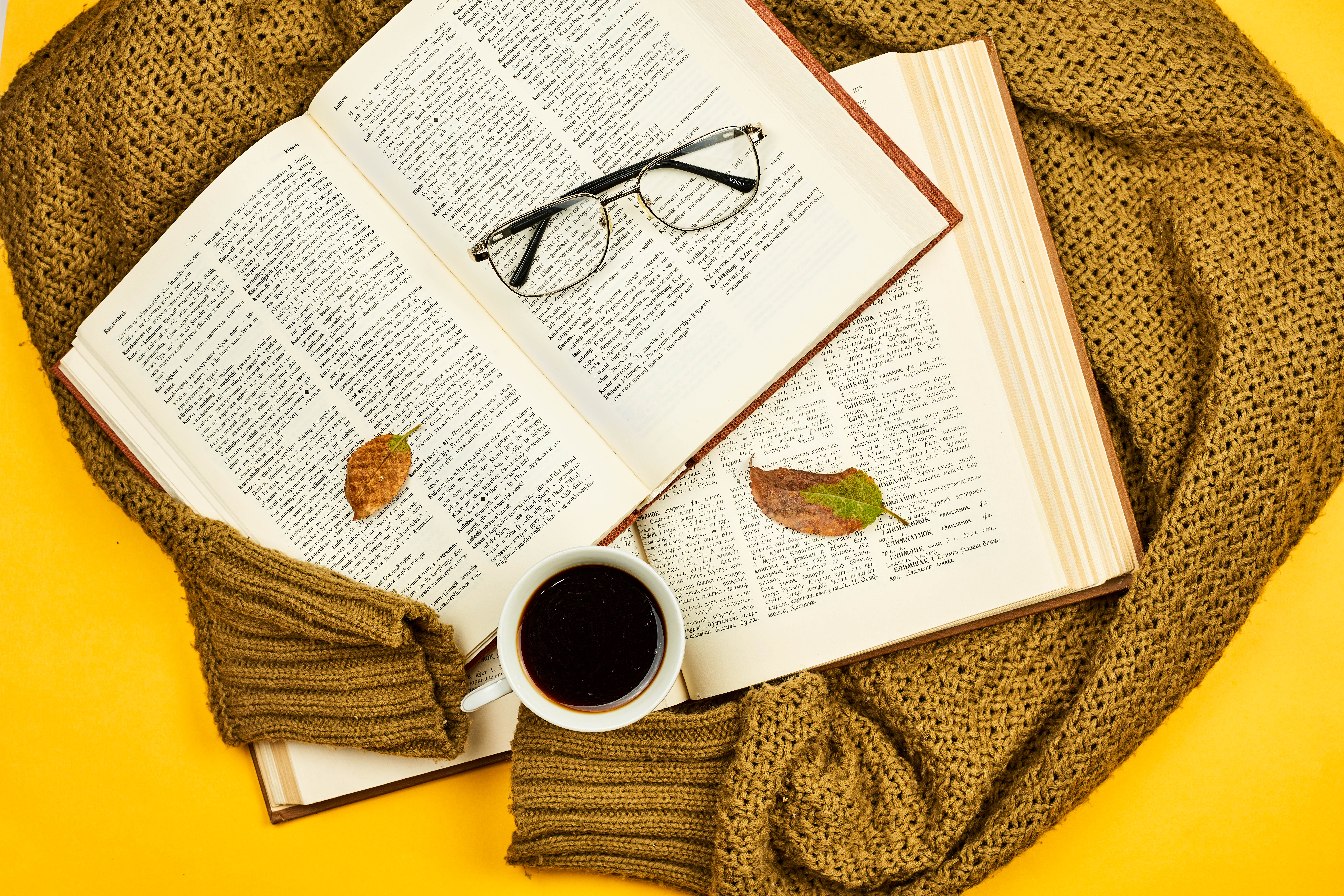 books, spectacles, leaves, miscellanea, miscellaneous, cup, glasses, mug, sweater
