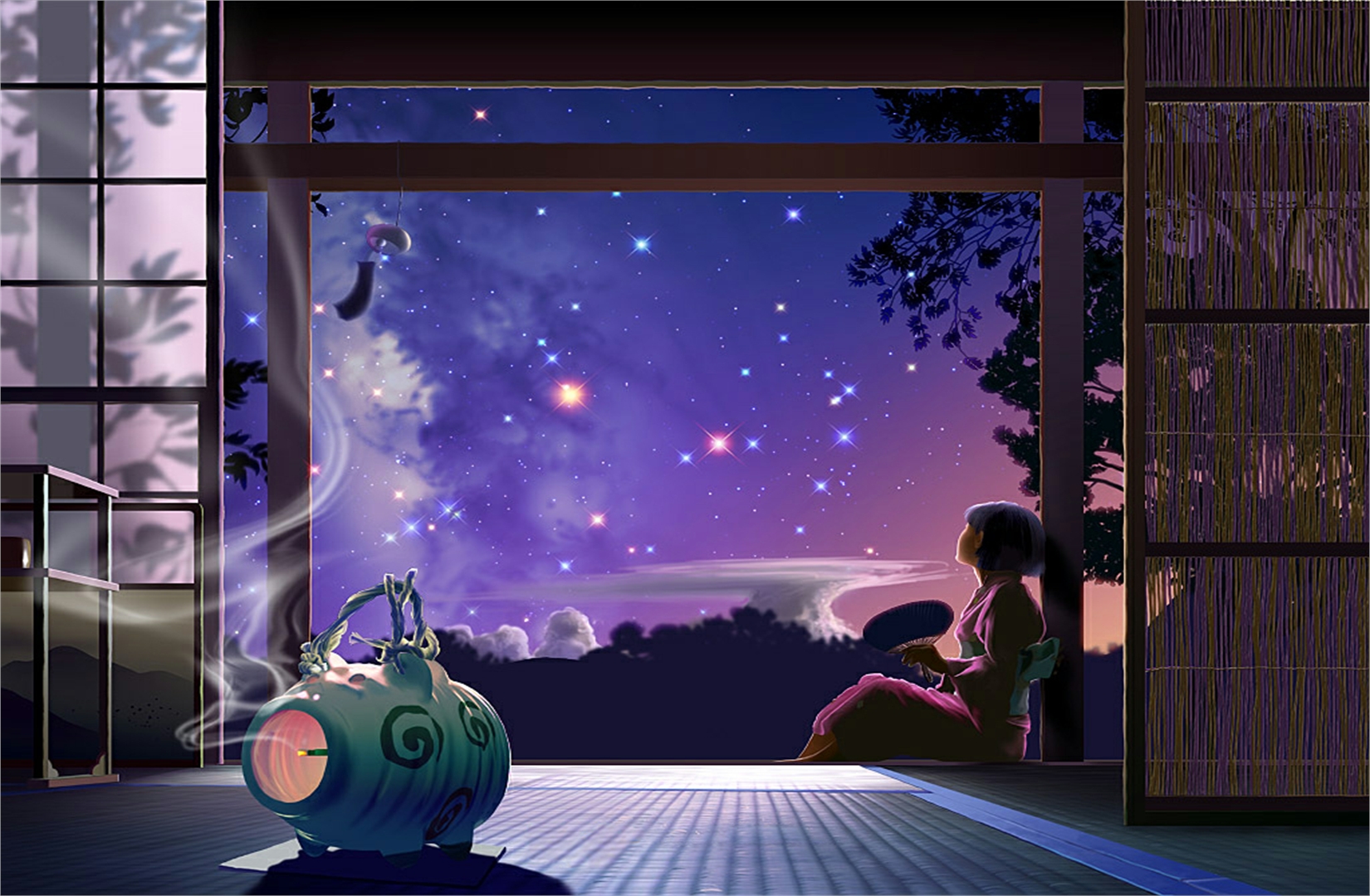 182457 Hintergrundbild herunterladen original, animes, kimono, sternenklarer himmel - Bildschirmschoner und Bilder kostenlos