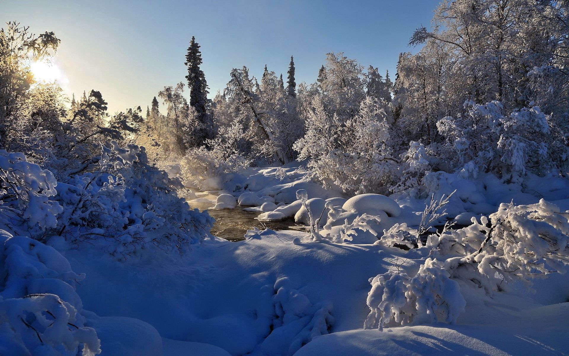 111101 скачать картинку зима, природа, деревья, река, снег, пар - обои и заставки бесплатно