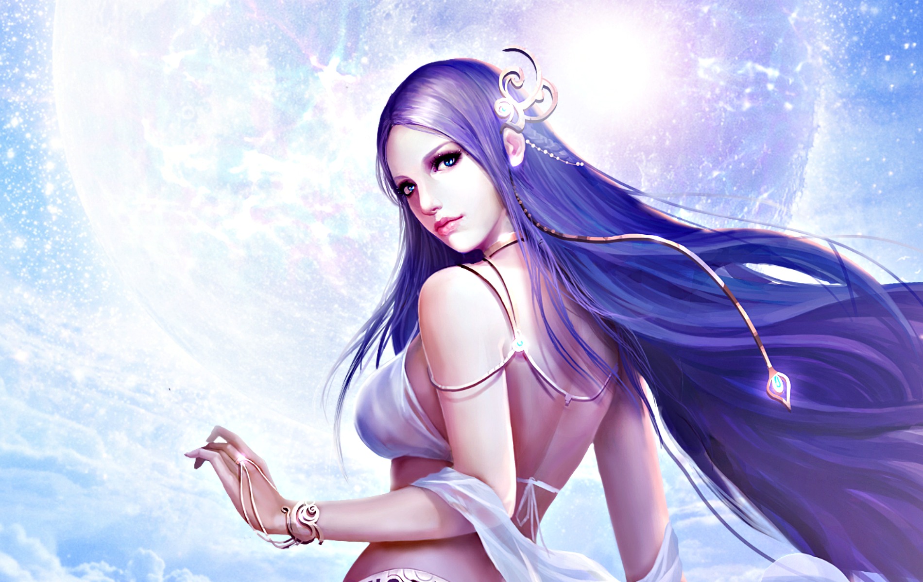 video game, league of angels, blue eyes, fantasy, long hair, purple hair
