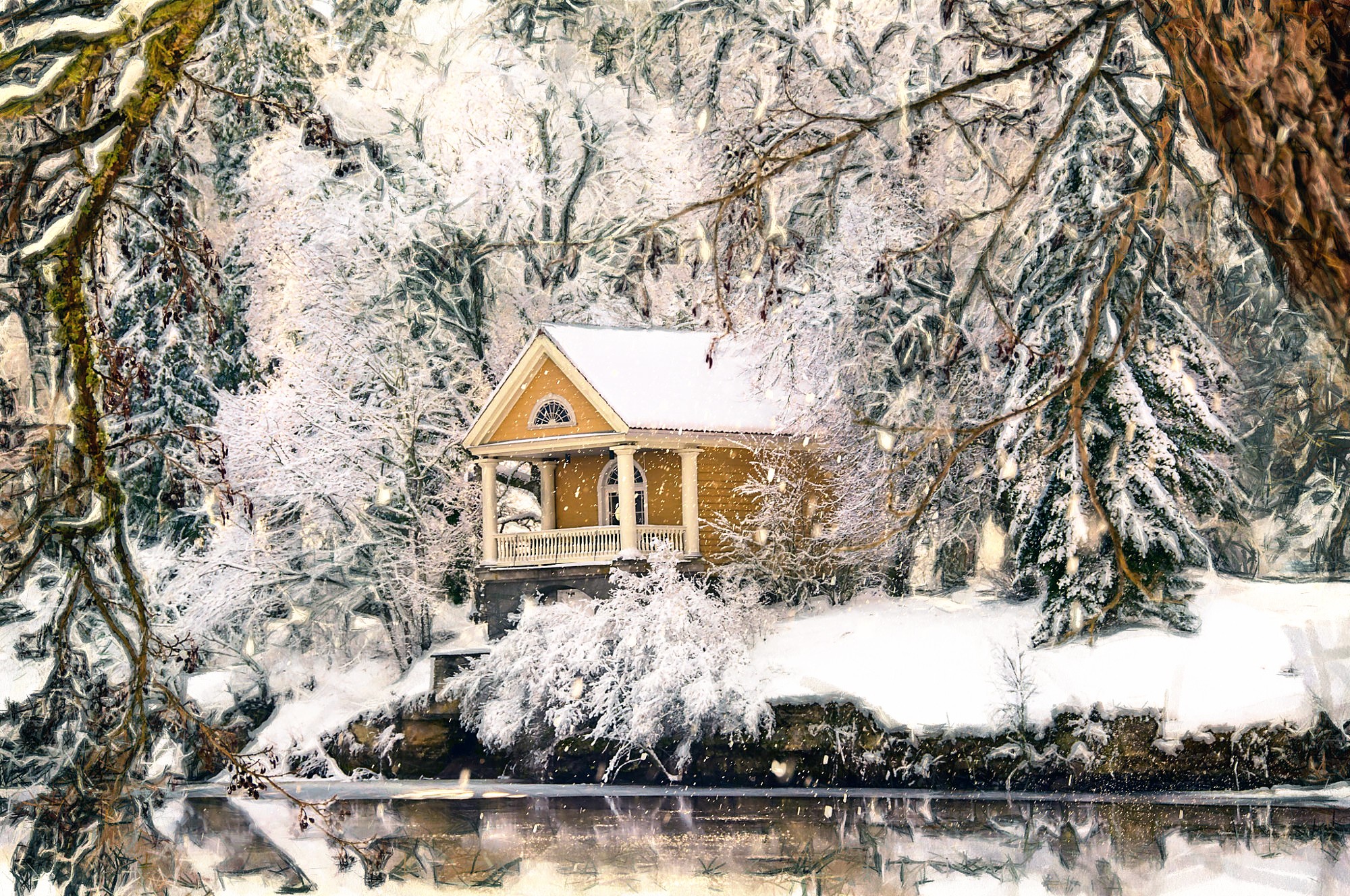 Baixe gratuitamente a imagem Inverno, Neve, Lago, Árvore, Casa, Terra, Fotografia na área de trabalho do seu PC