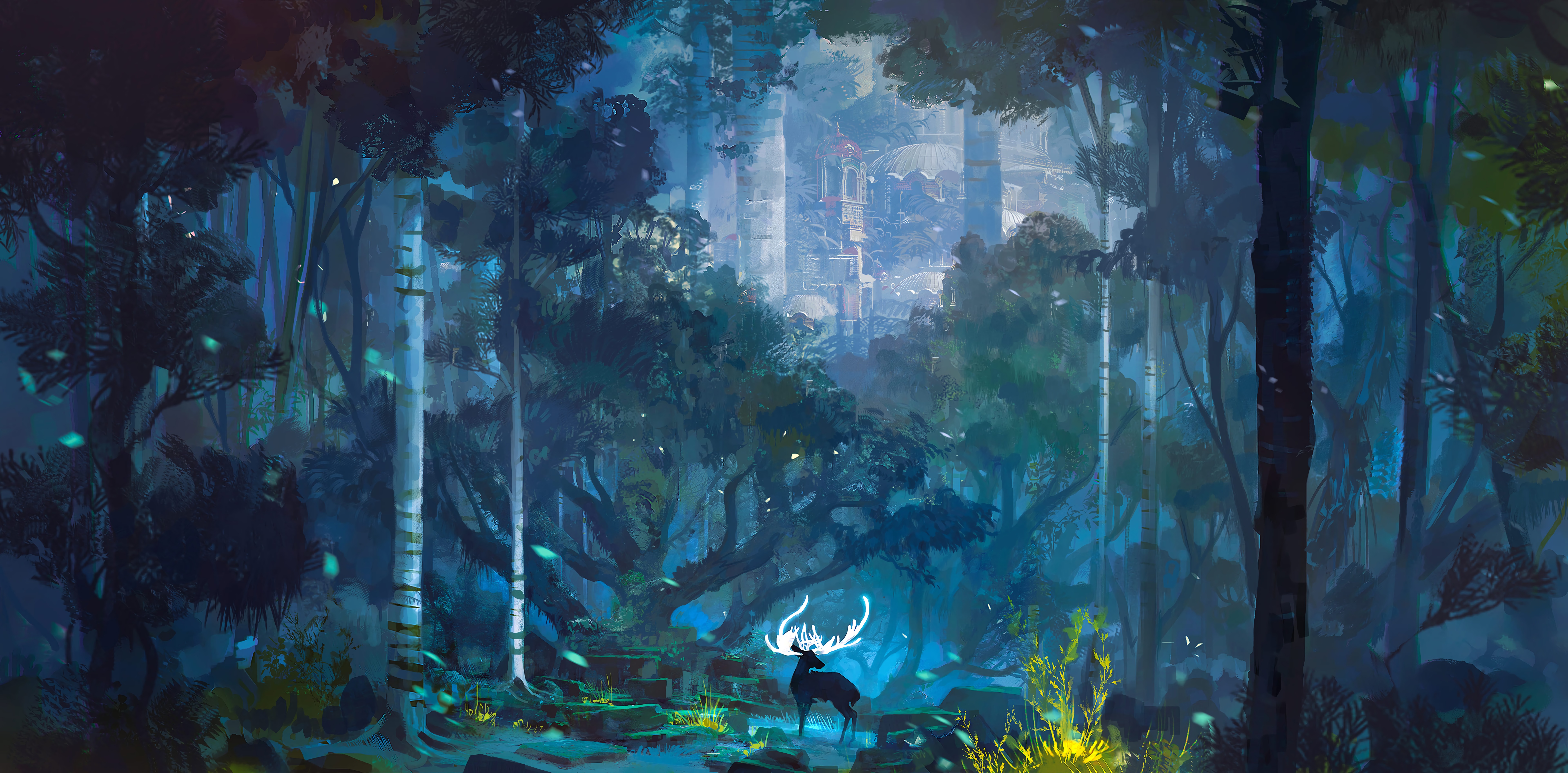 fantasy, art, deer, horns, landscape, lock
