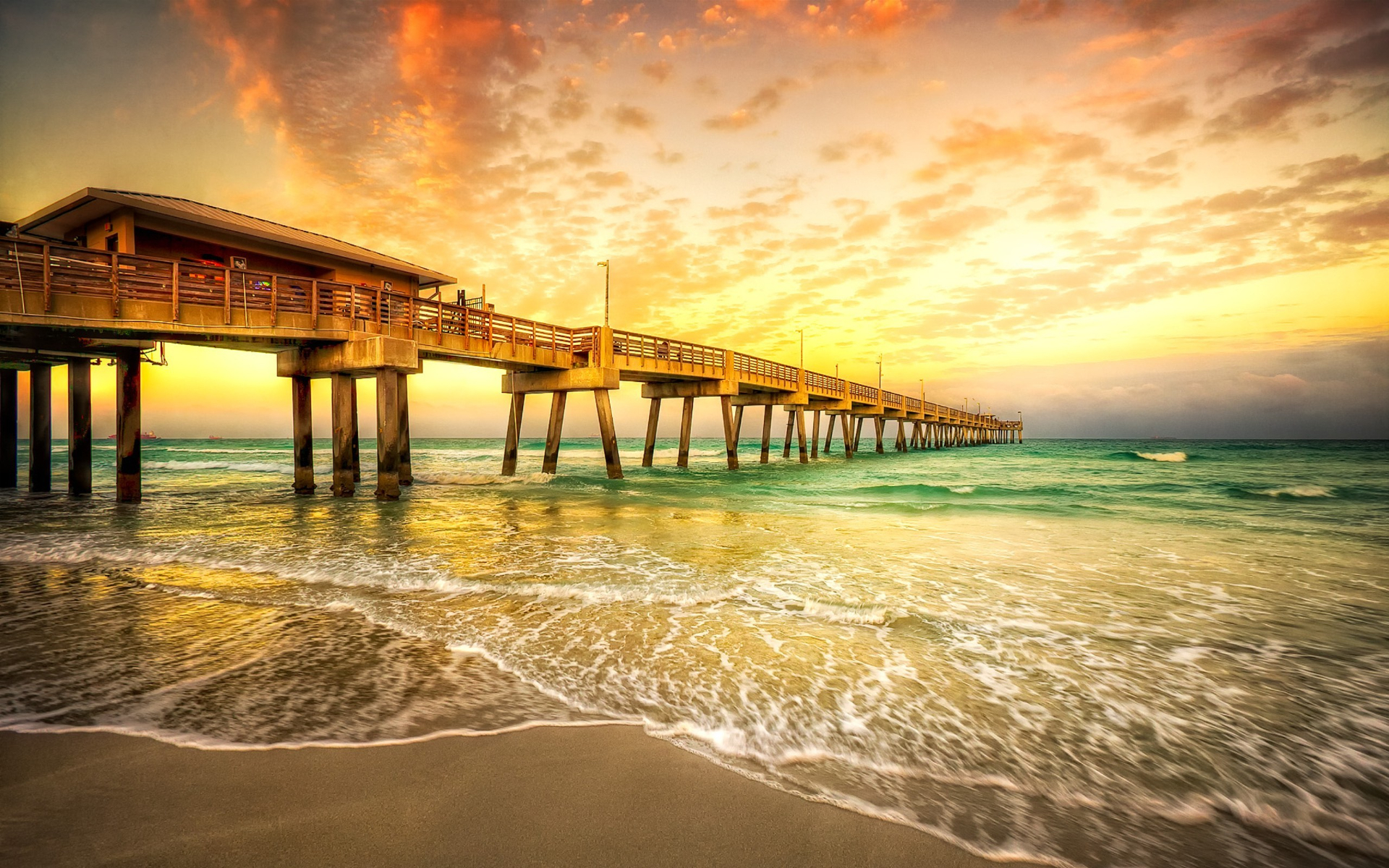 Laden Sie das Horizont, Seebrücke, Ozean, Himmel, Sonnenuntergang, Menschengemacht, Orange Farbe)-Bild kostenlos auf Ihren PC-Desktop herunter