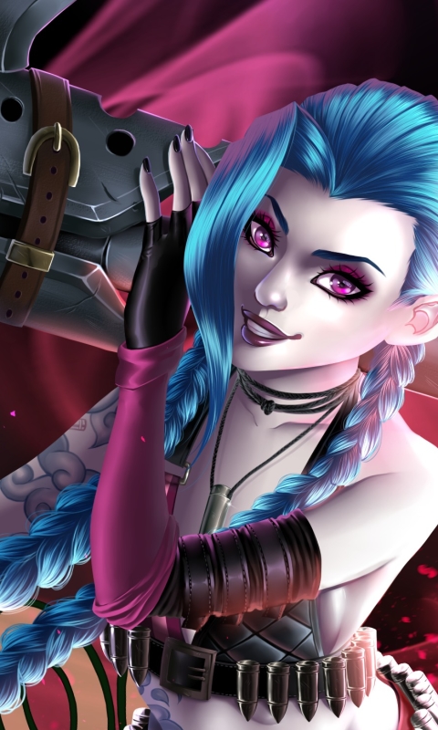 Download mobile wallpaper League Of Legends, Smile, Braid, Blue Hair, Video Game, Long Hair, Purple Eyes, Woman Warrior, Jinx (League Of Legends) for free.