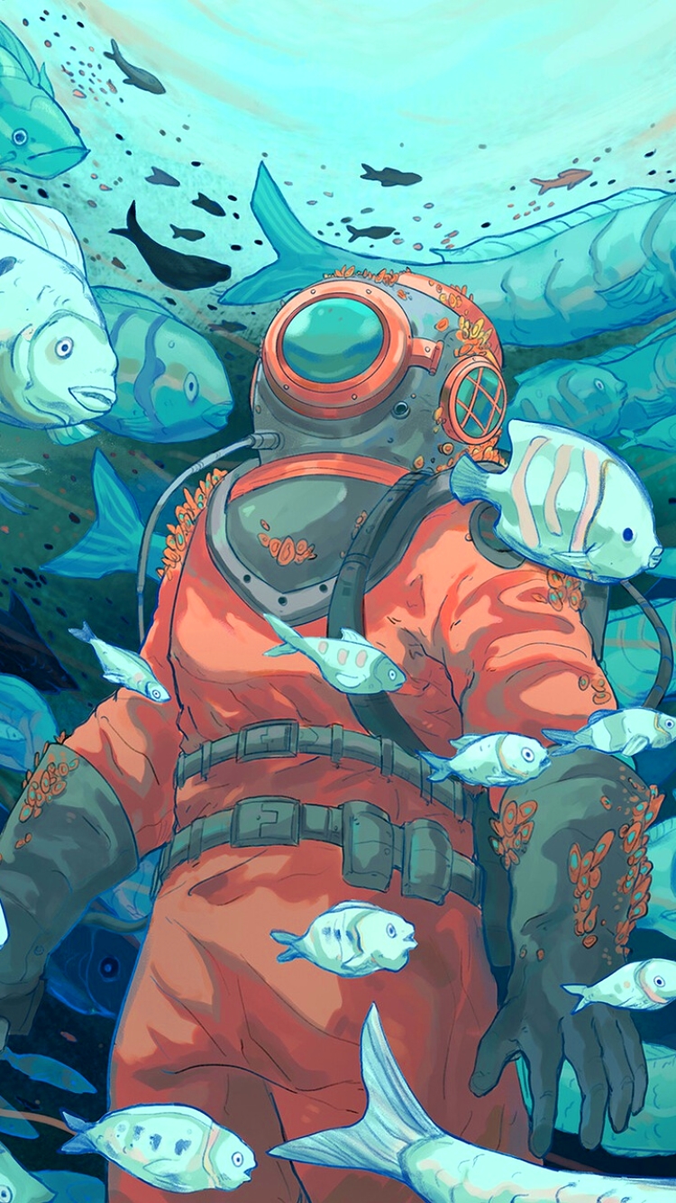 vertical wallpaper fantasy, underwater, scuba diver, fish