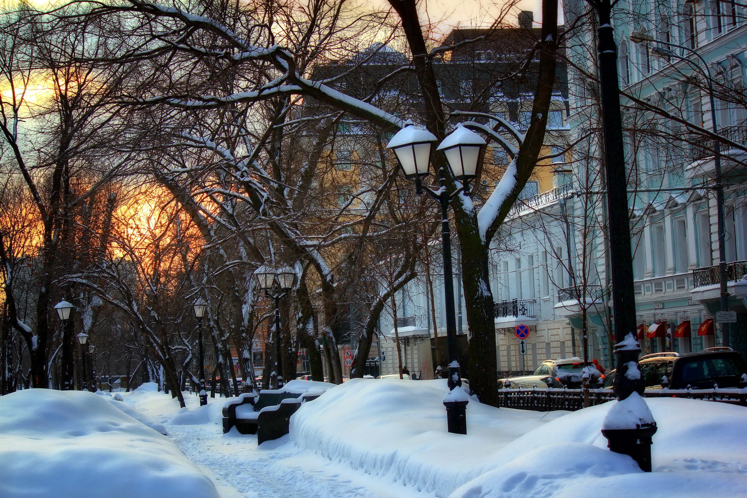 Download mobile wallpaper Cities, Winter, Snow, Building, Tree, Lamp, Bench, Moscow, Man Made for free.